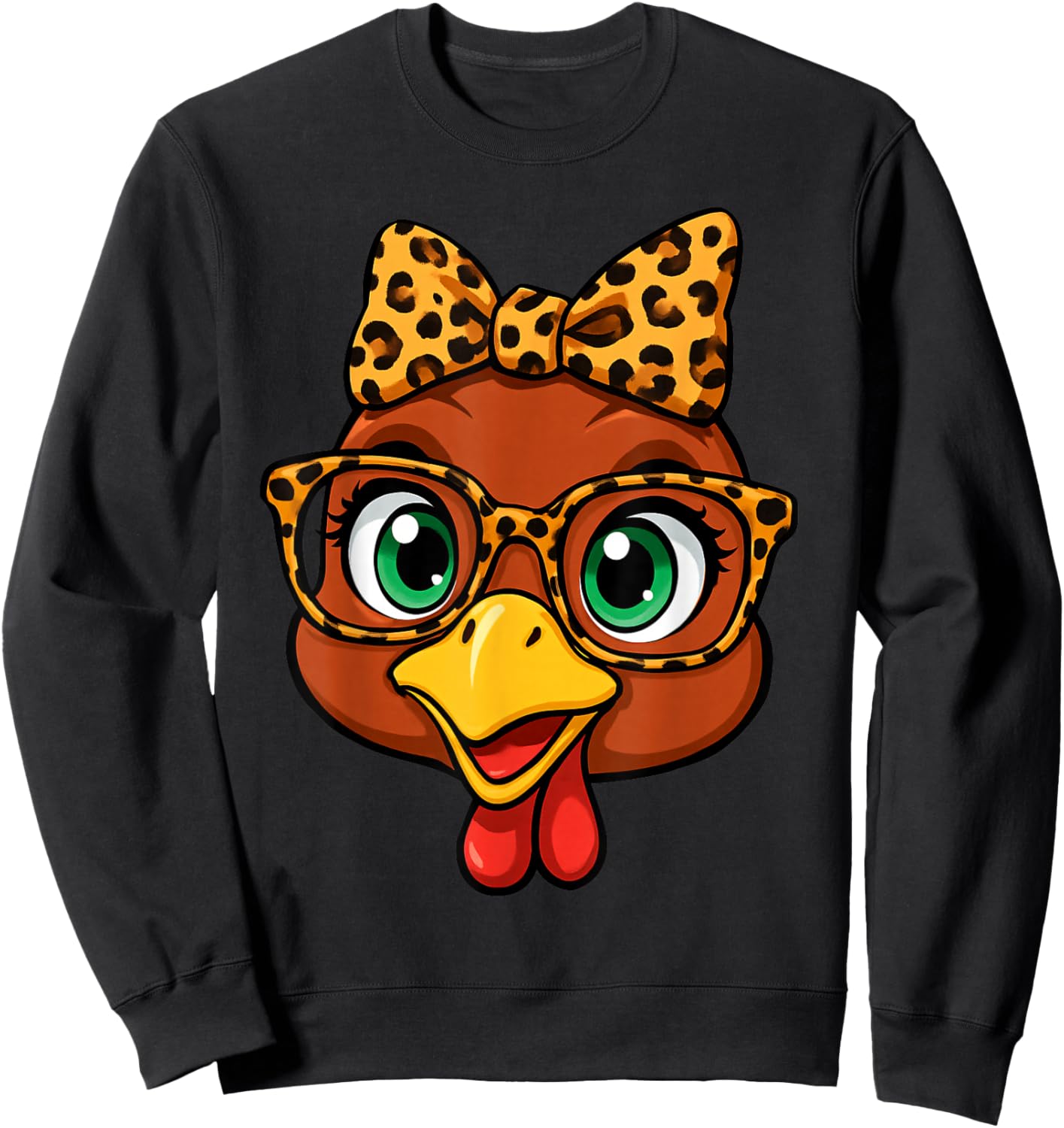 Thanksgiving Turkey Face Leopard with Glasses Bow Women Girl Sweatshirt - Sweatshirt | Black