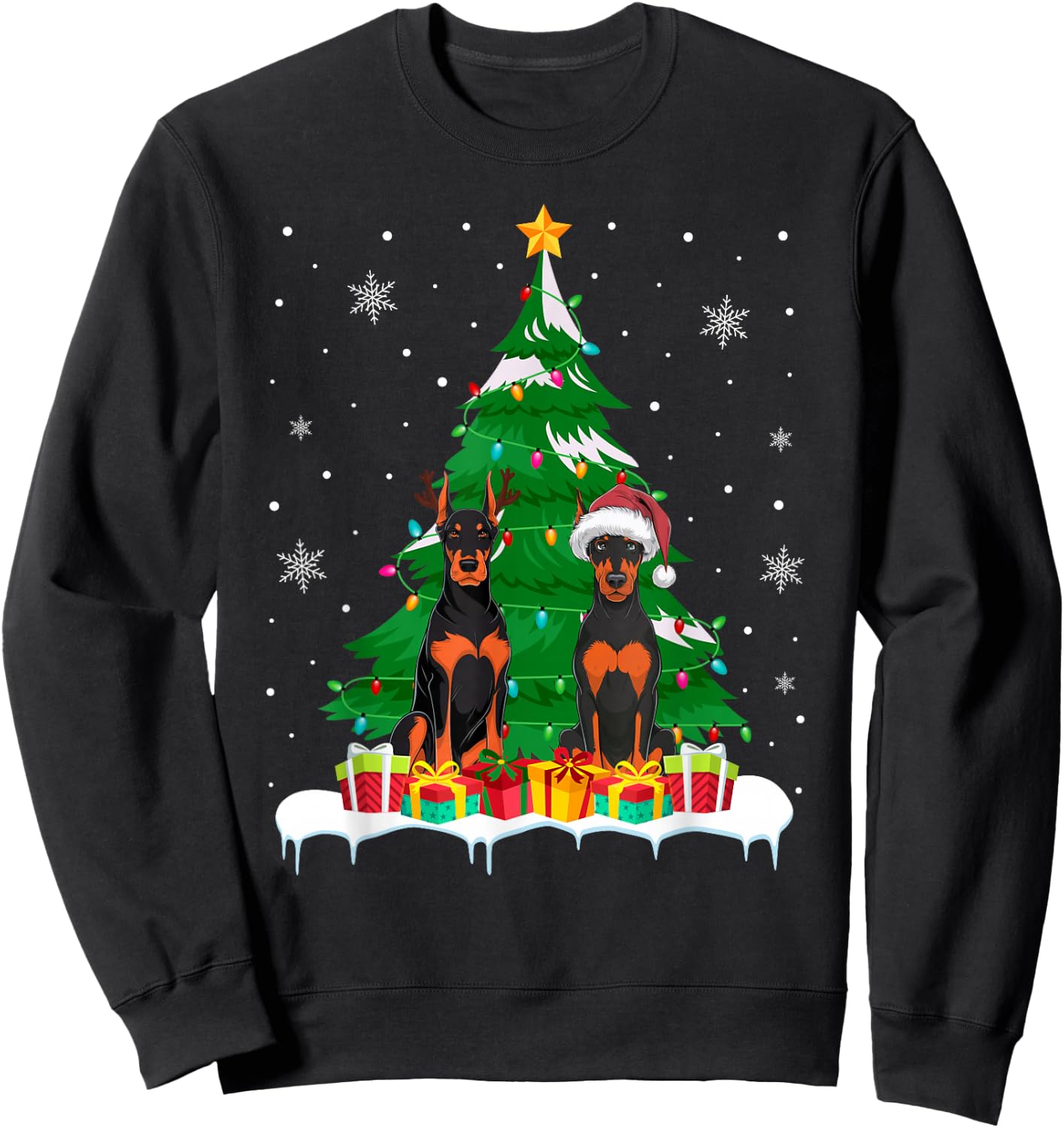 Doberman Pinscher Dog Christmas Tree Light Santa Reindeer PJ Sweatshirt - Sweatshirt | Black