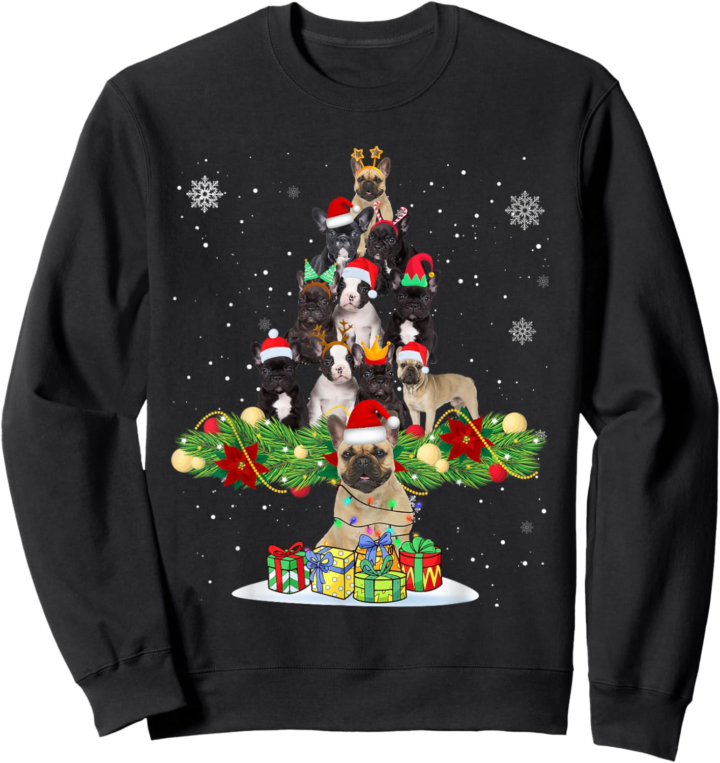 Ugly Sweater Christmas Tree French Bulldog Dog Xmas Lights Men Women Kids Sweatshirt - Sweatshirt | Black