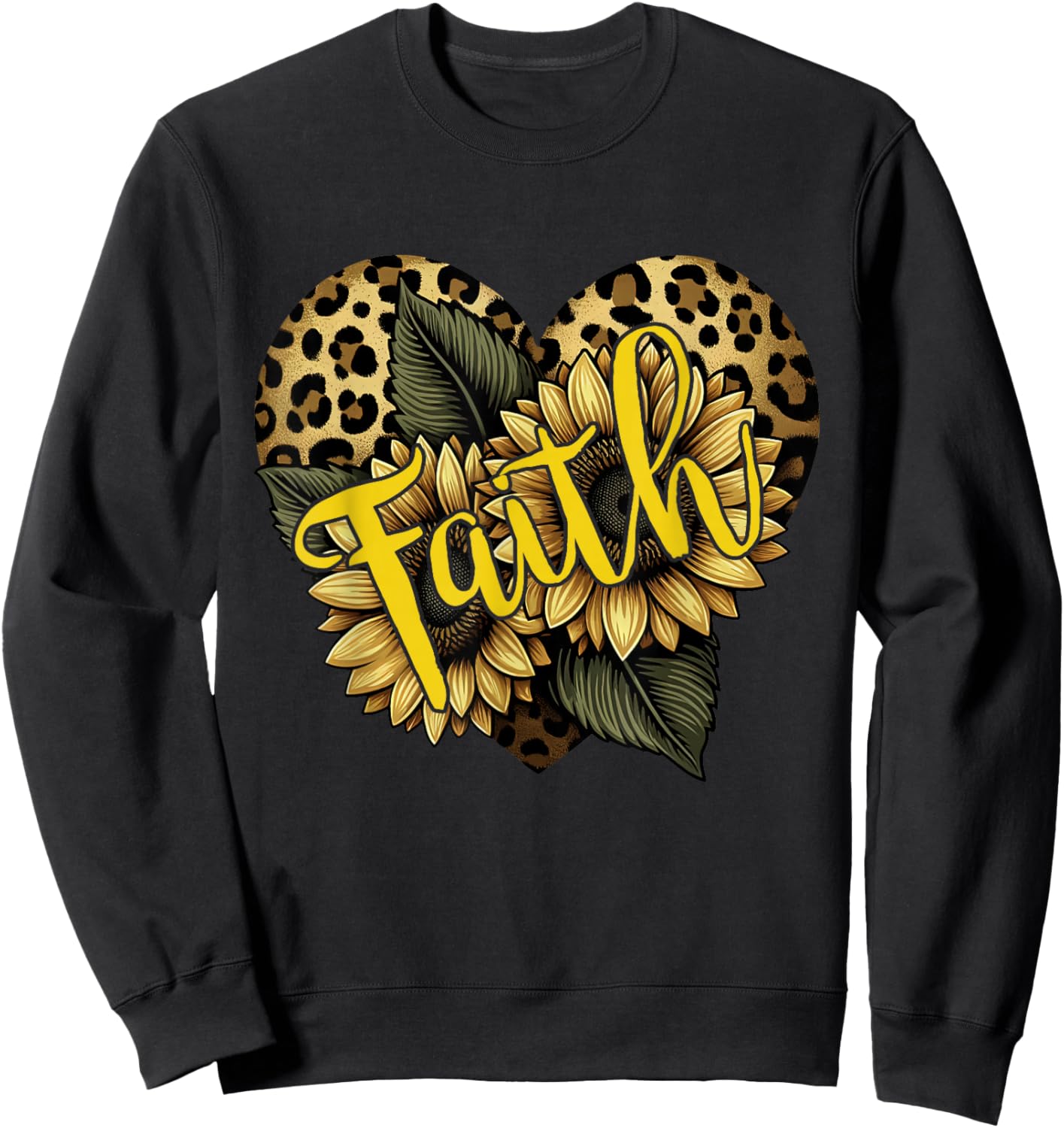 Faith Leopard Cheetah Print Heart Sunflower Christian Faith Sweatshirt - Sweatshirt | Black