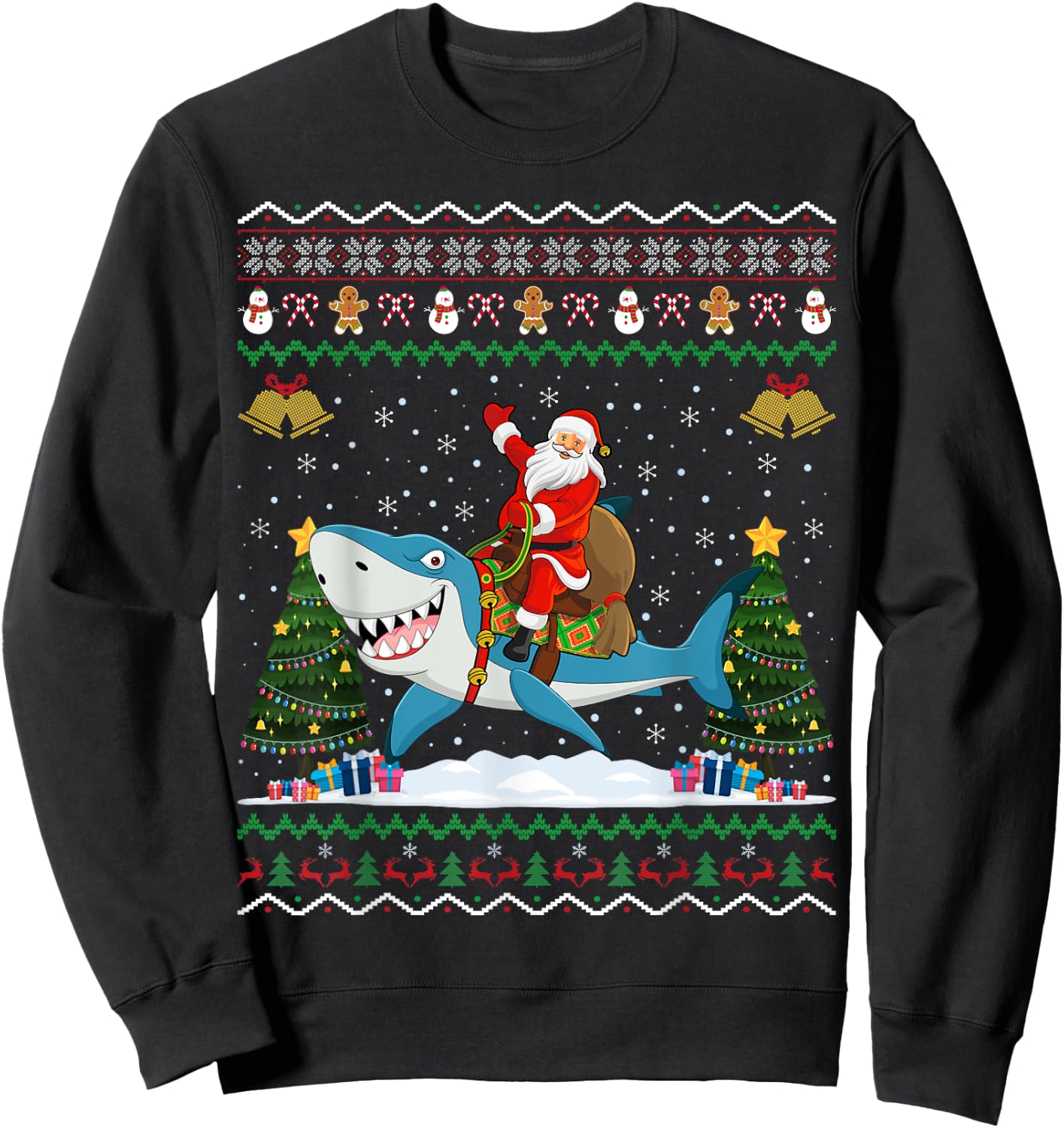 Shark Ugly Xmas Gift Santa Riding Shark Christmas Sweatshirt - Sweatshirt | Black