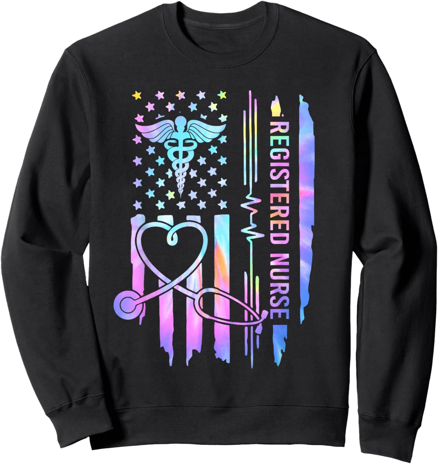 Tie Dye Registered Nurse RN EKG Stethoscope Nursing USA Flag Sweatshirt - Sweatshirt | Black
