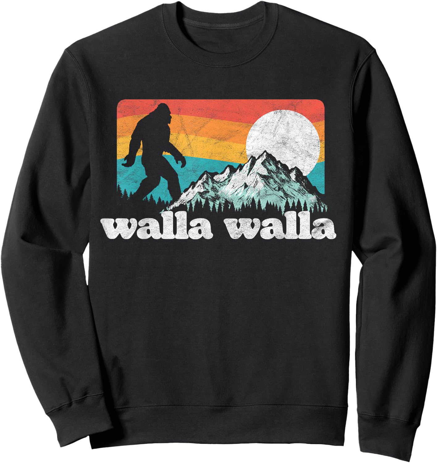 State Of Washington Sasquatch Garage Walla Walla Washington Bigfoot Mountains Retro Distressed Sweatshirt - Sweatshirt | Black