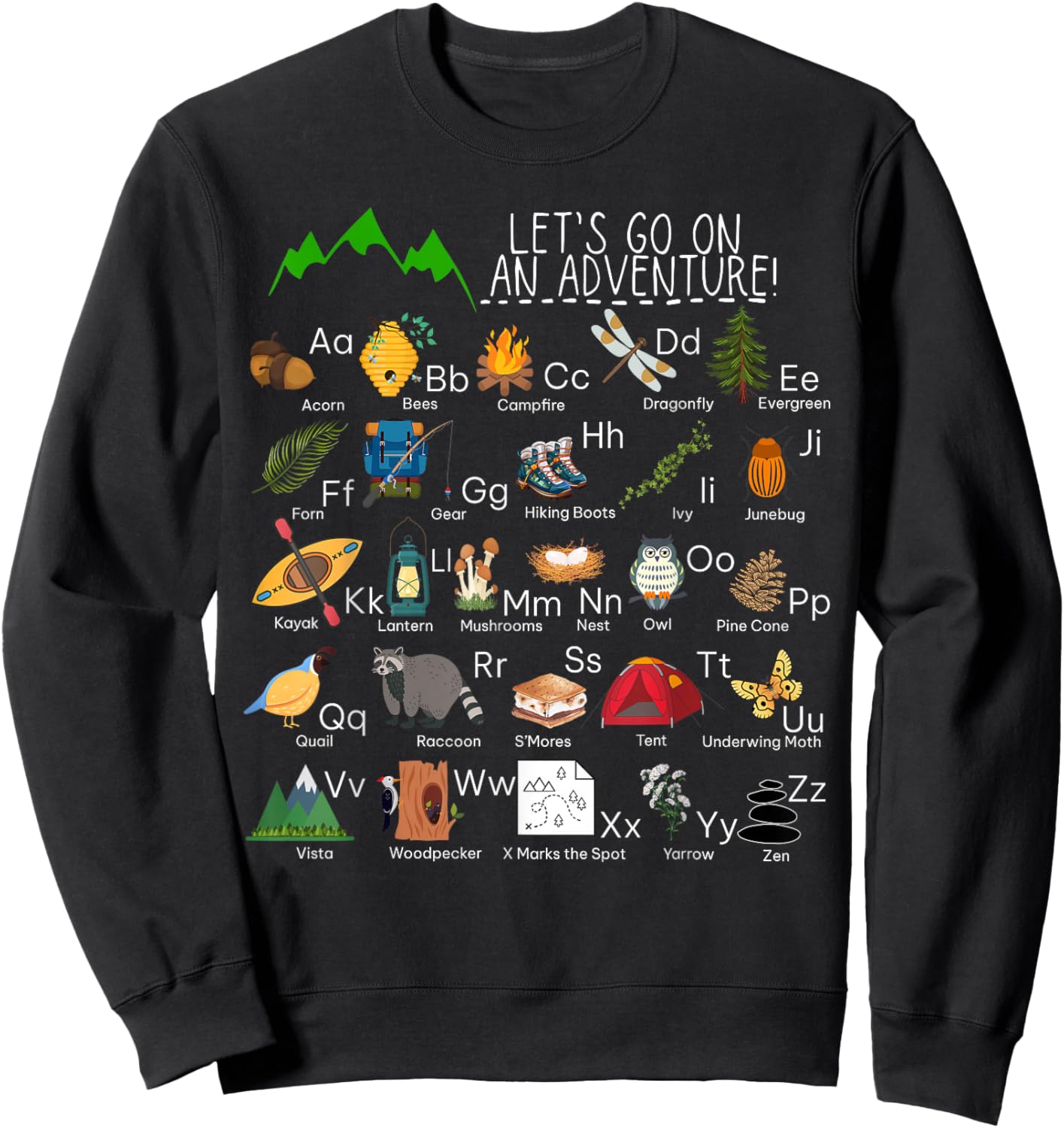Retro Adventure Camping Alphabet ABCs Hiker Mountains Camp Sweatshirt - Sweatshirt | Black
