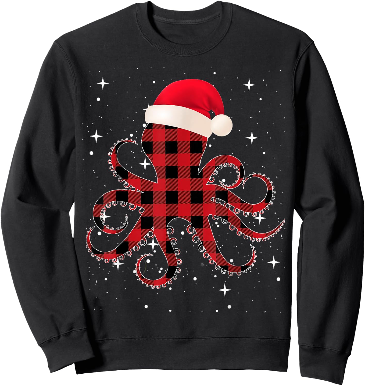 Pajamas Red& Black Plaid Flannel Christmas Octopus Santa Hat Sweatshirt - Sweatshirt | Black
