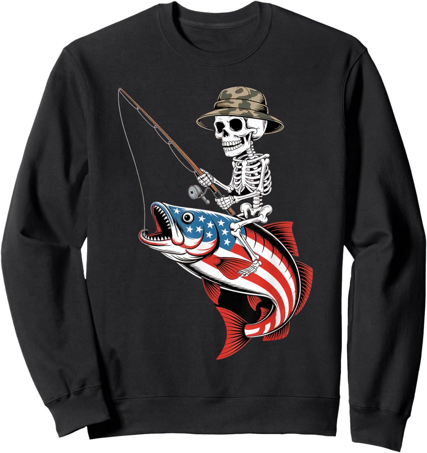 Patriotic Skeleton Fishing American Flag for Anglers Sweatshirt - Sweatshirt | Black