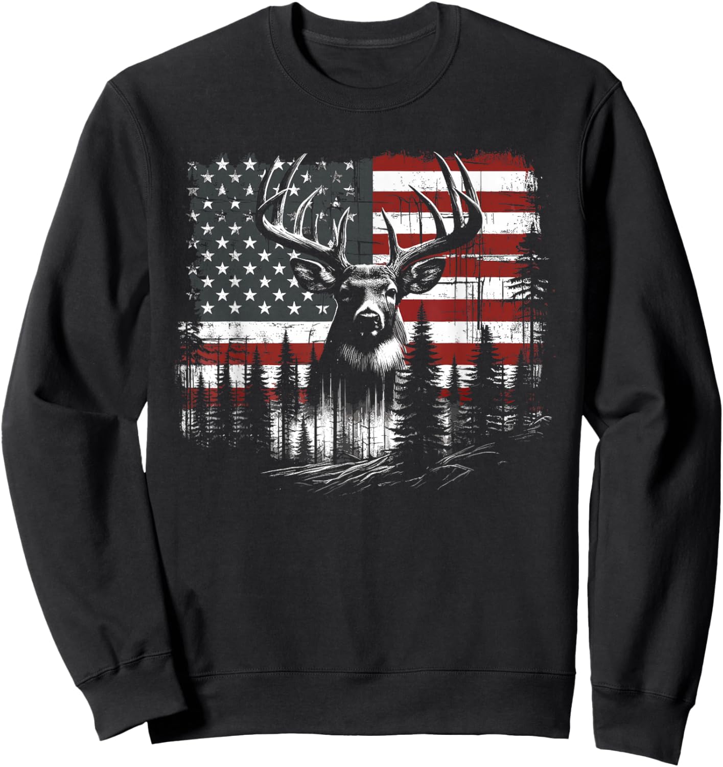Deer Hunting American Flag Whitetail Buck Antlers Sweatshirt - Sweatshirt | Black