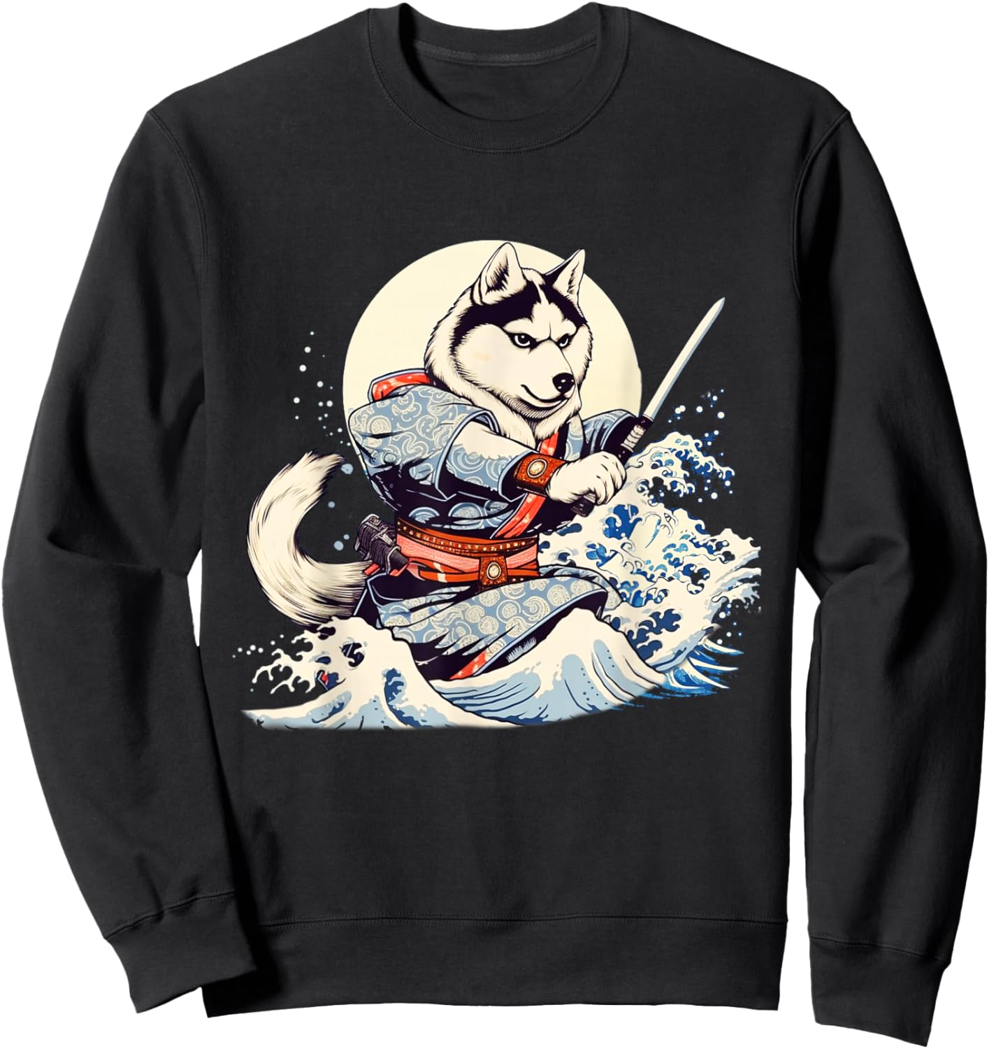 Siberian Husky Dog Japanese Grand Wave Ukiyoe Art Ninja Sweatshirt - Sweatshirt | Black