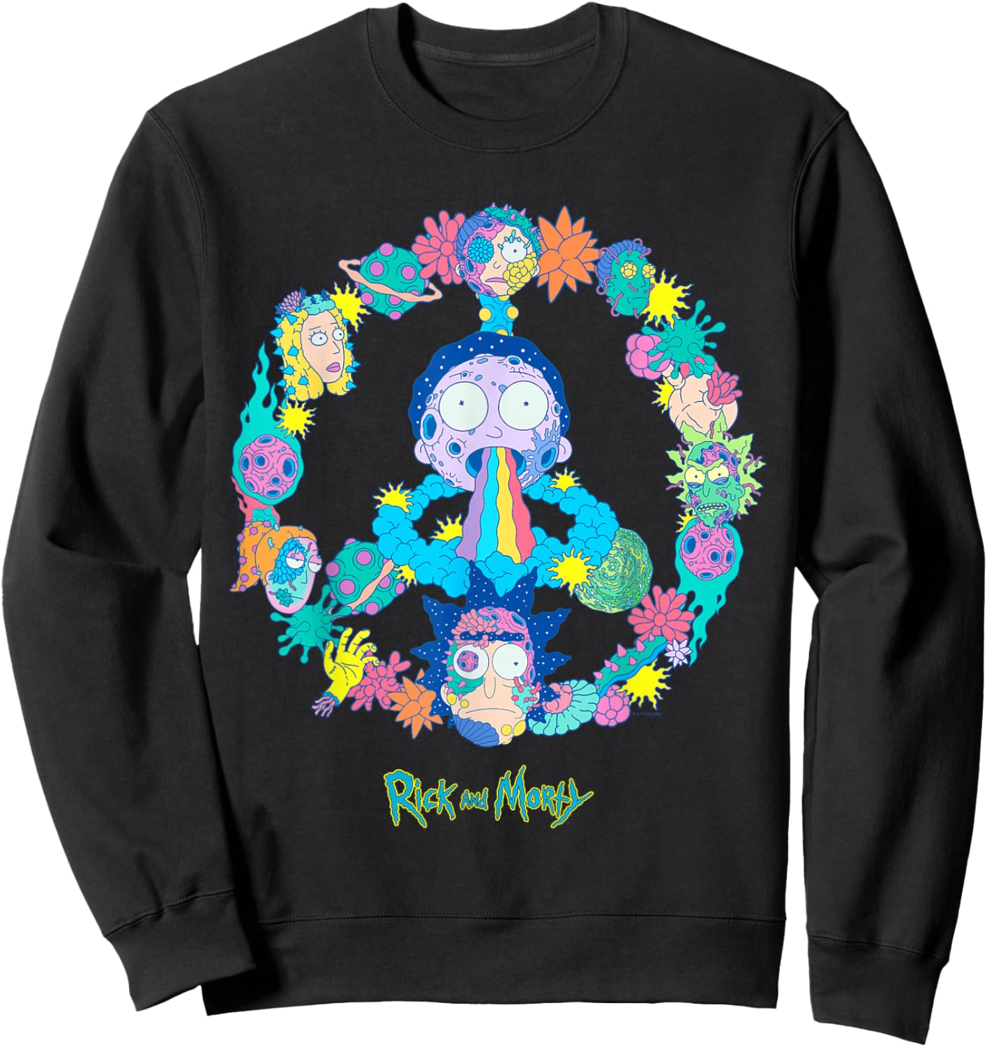 Rick and Morty Peace Sign Vivid Alien Adult Cartoon Fashion Sweatshirt - Sweatshirt | Black