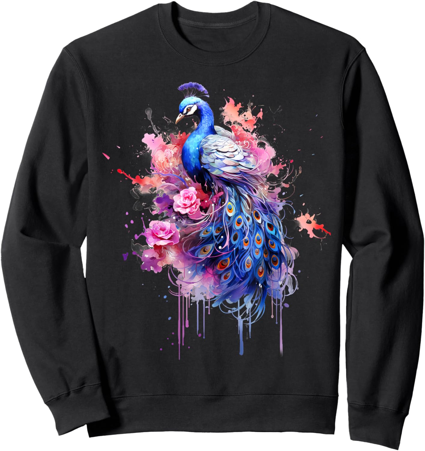 Peacock Watercolor Garden, Colorful Art, Peacock Sweatshirt - Sweatshirt | Black