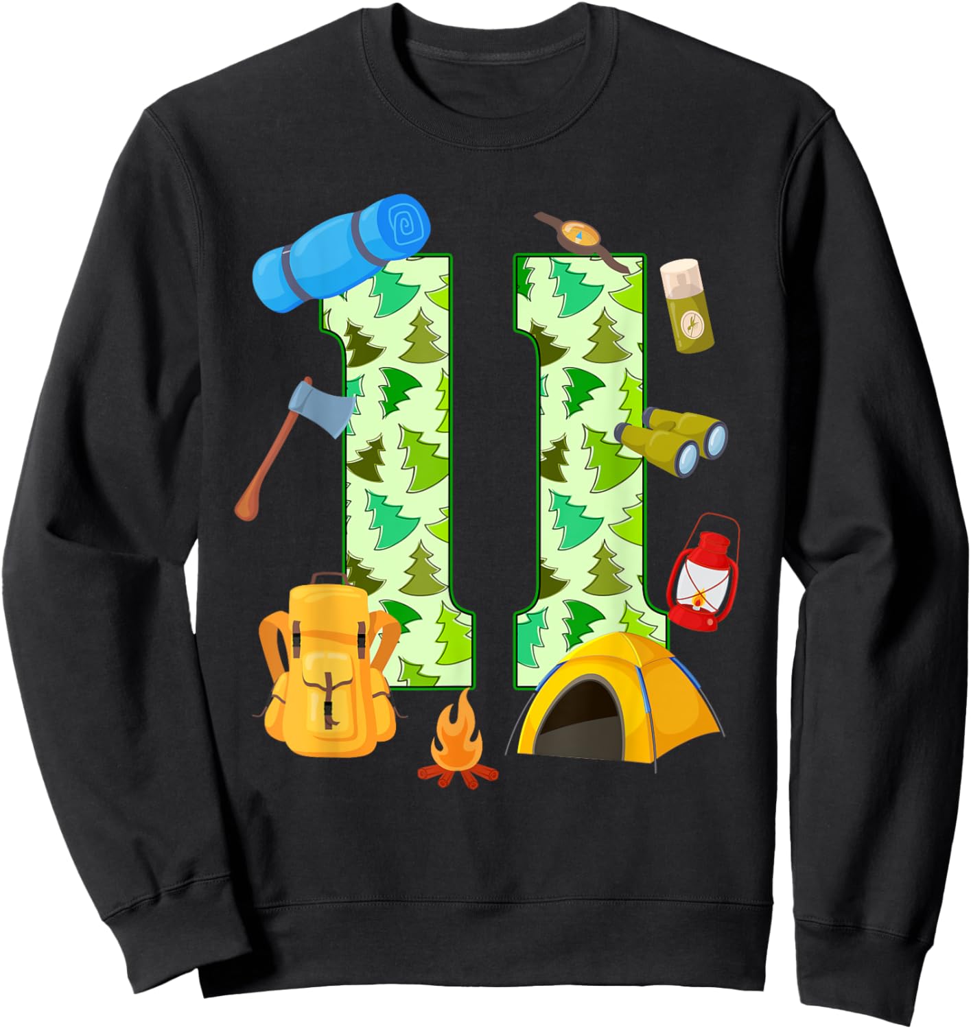 11th Birthday Camping Theme 11 Year Old Birthday Kids Sweatshirt - Sweatshirt | Black