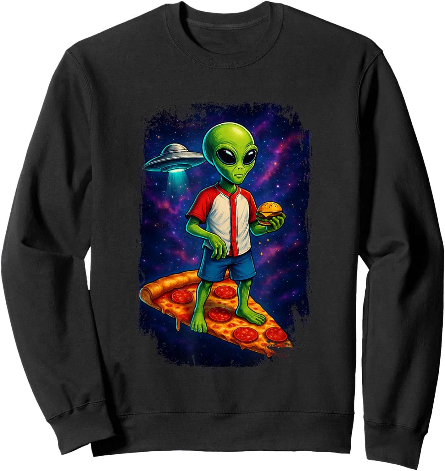 Alien UFO Pizza Galaxy Funny Hamburger Sweatshirt - Sweatshirt | Black