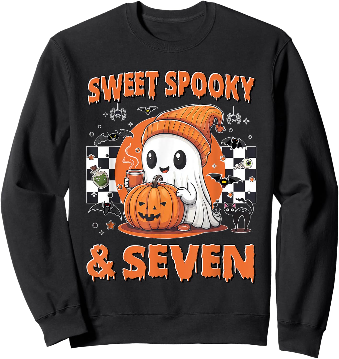 7th Birthday Sweet Spooky & Seven Cute Ghost 7 Years Old Sweatshirt - Sweatshirt | Black