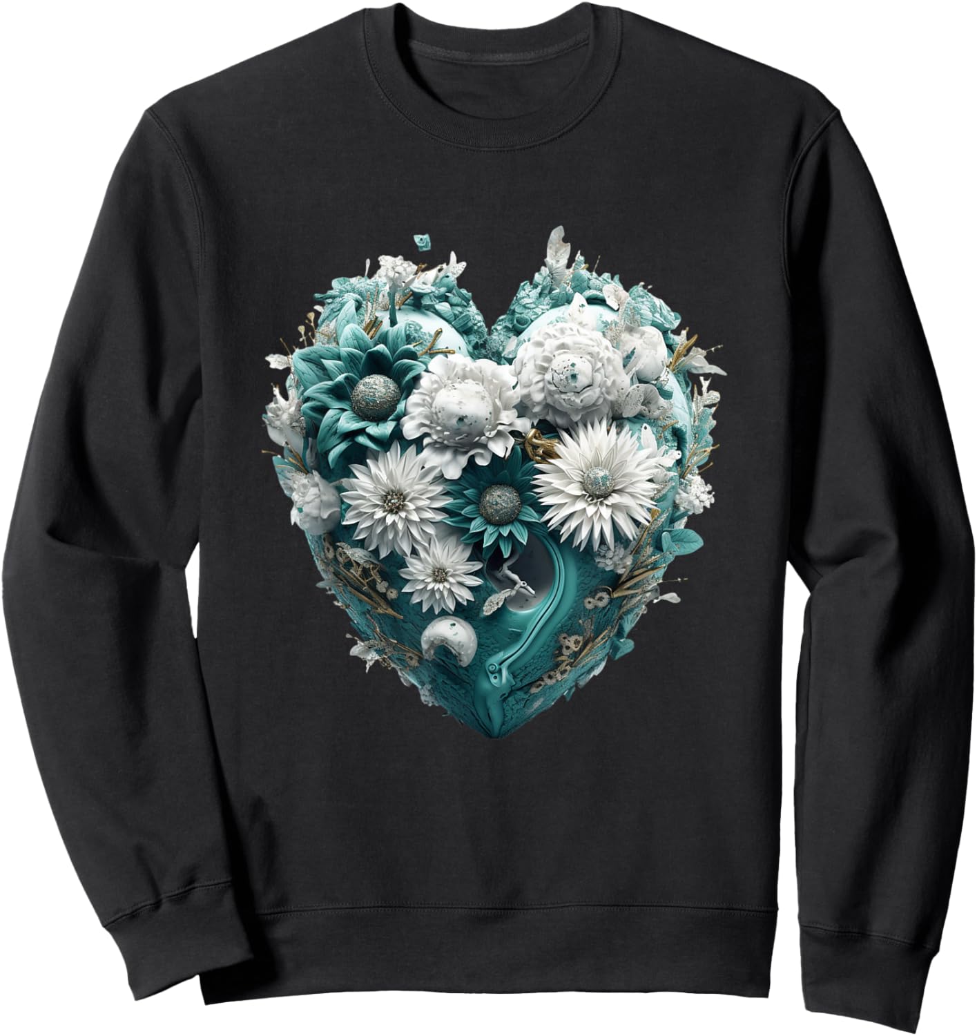 Cute Teal Heart Graphic Made of Flowers Girls Sweatshirt - Sweatshirt | Black