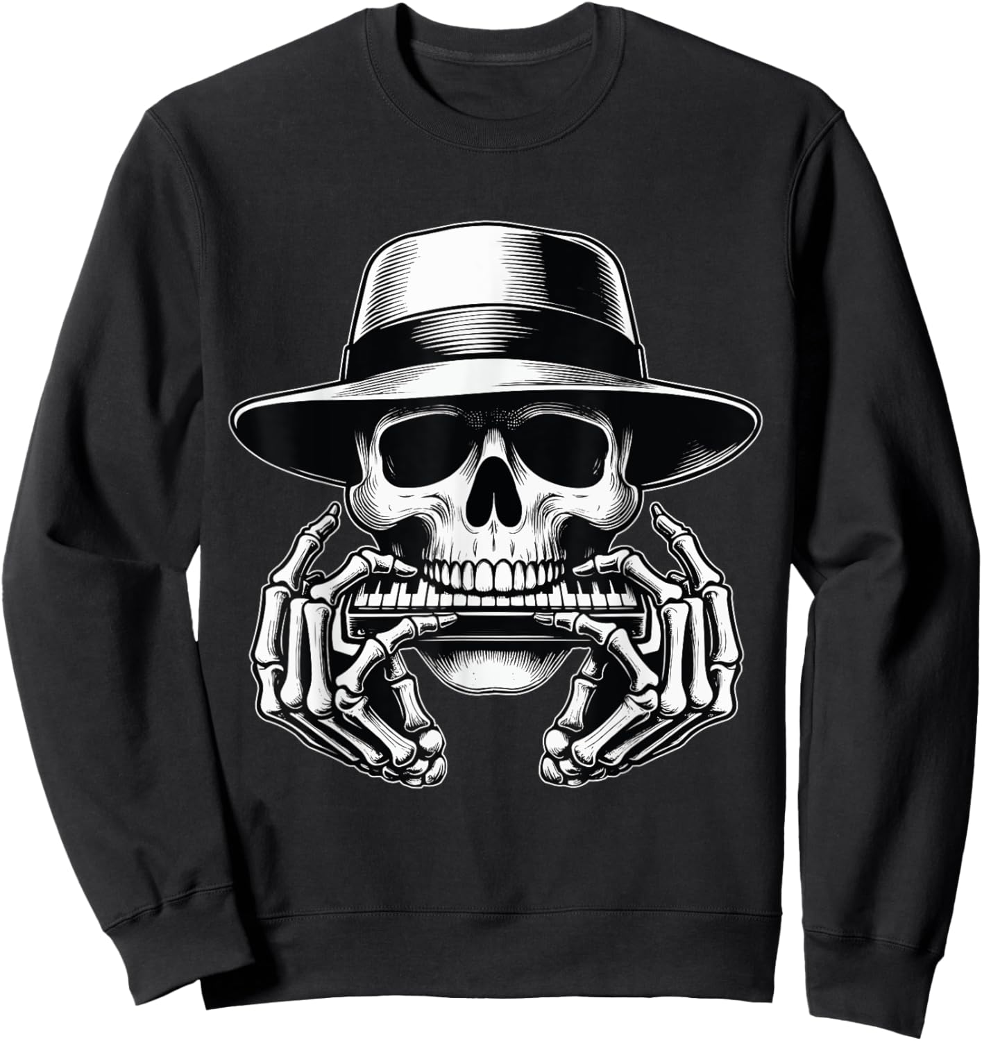 Skeleton Playing Harmonica Blues Musician Mouth Organ Player Sweatshirt - Sweatshirt | Black