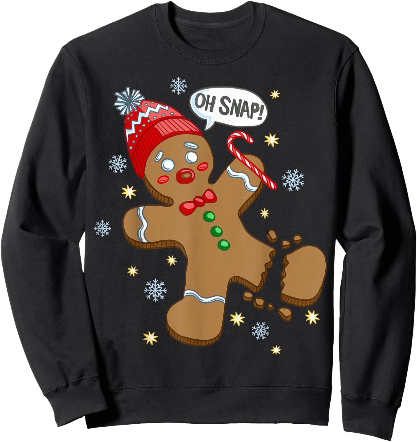 Trendy Holiday Apparel Gingerbread Man Oh Snap Christmas - Men's Adults Black Solid Short Sleeve Classic Fit Pull On Christmas Celebration Sweatshirt - Sweatshirt | Black