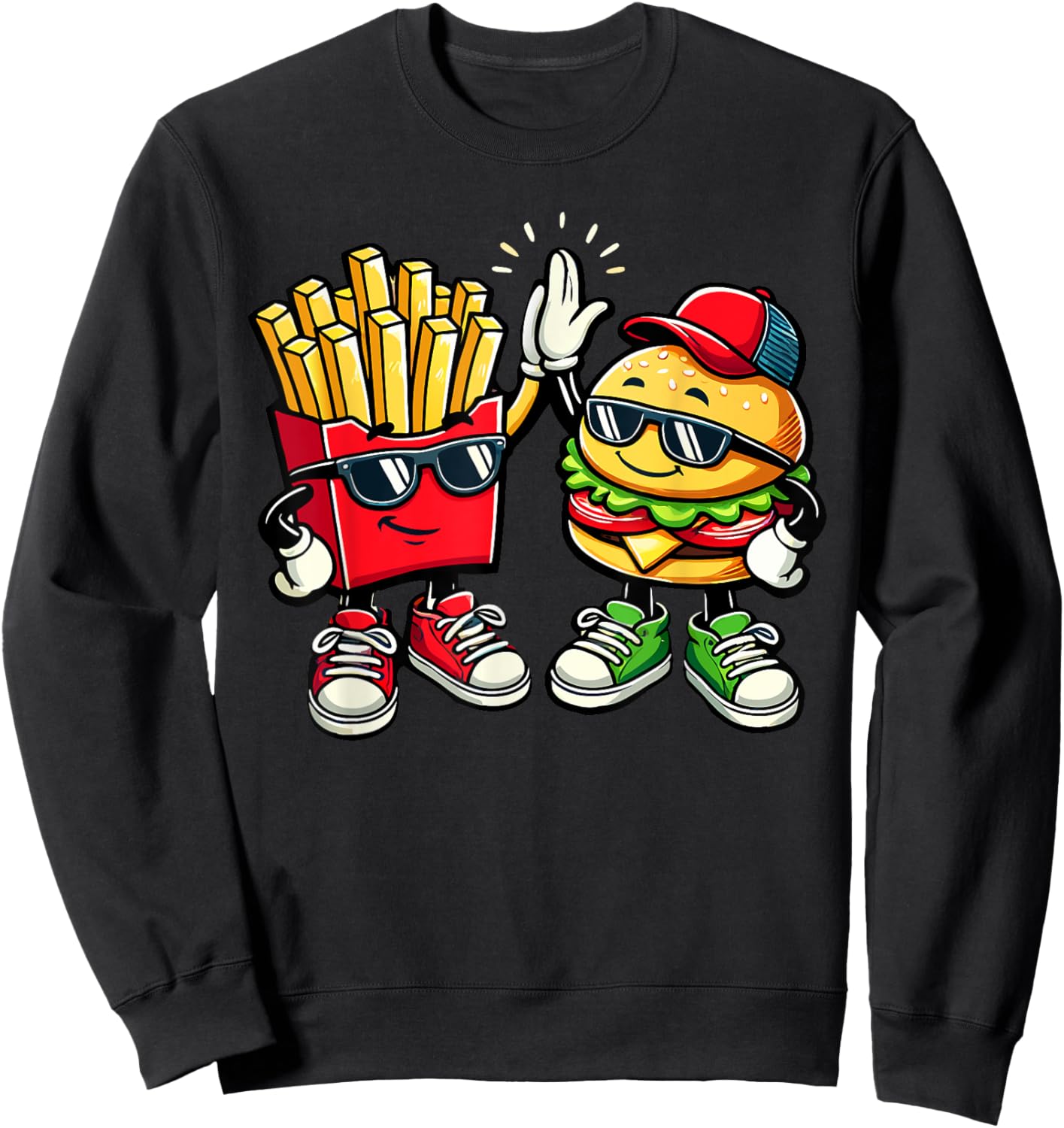 Hamburger Fries High Five | Cool Fun Combo Snacks Funny Sweatshirt - Sweatshirt | Black