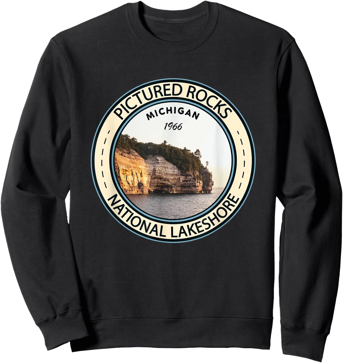 Pictured Rocks National Lakeshore Michigan Badge Vintage Sweatshirt - Sweatshirt | Black
