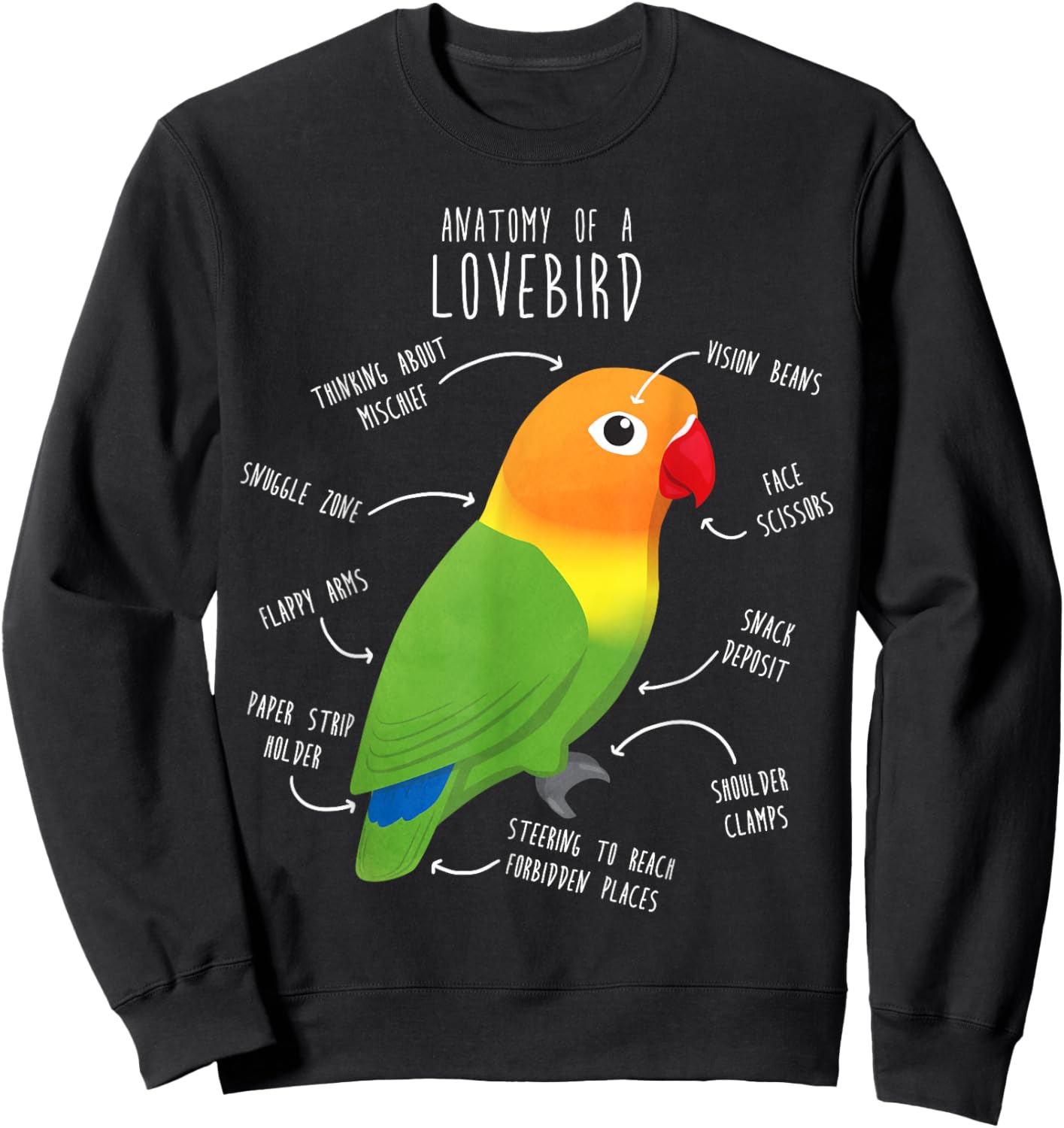 Fischer's Lovebird Parrot Anatomy, Funny Cute Pet Bird Mom Sweatshirt - Sweatshirt | Black