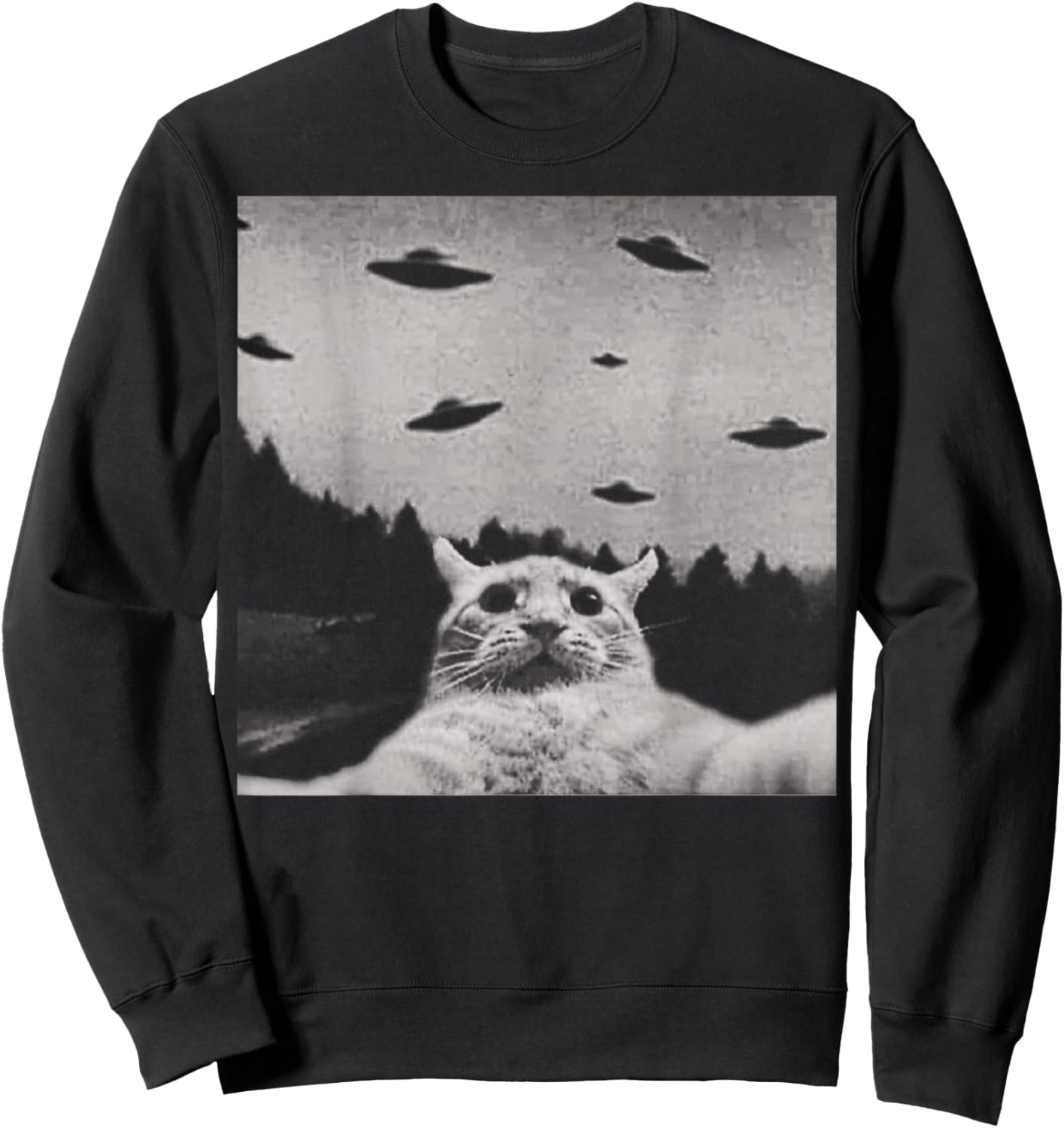 ThreadWeird Alien Cat UFO - Classic Fit, Round Neck, Black, Adult Sweatshirt - Sweatshirt | Black