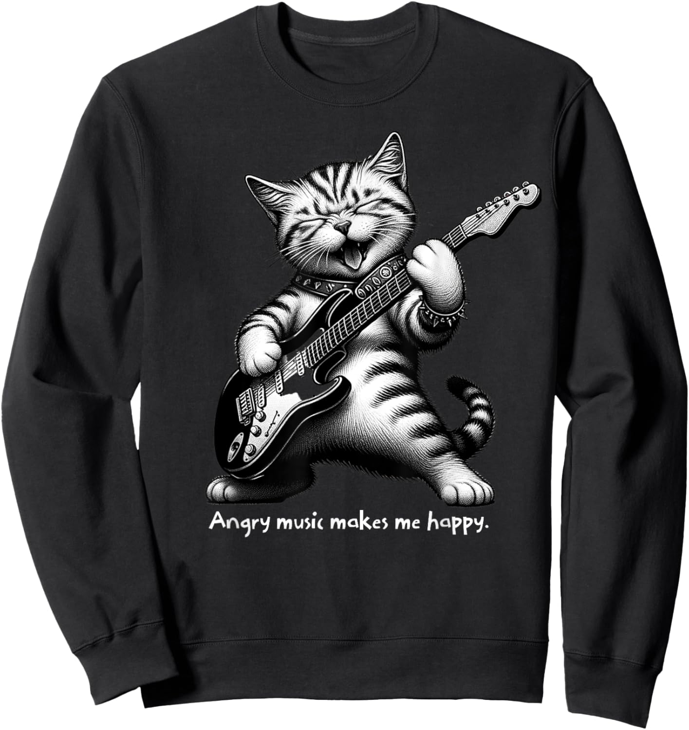 Cat Playing Electric Guitar Angry Music Makes Me Happy Women Girls Kids Sweatshirt - Sweatshirt | Black