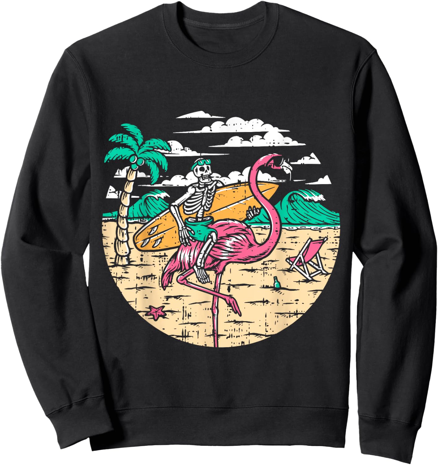 Skeleton Surfer Riding Flamingo Halloween Costume Surfing Sweatshirt - Sweatshirt | Black