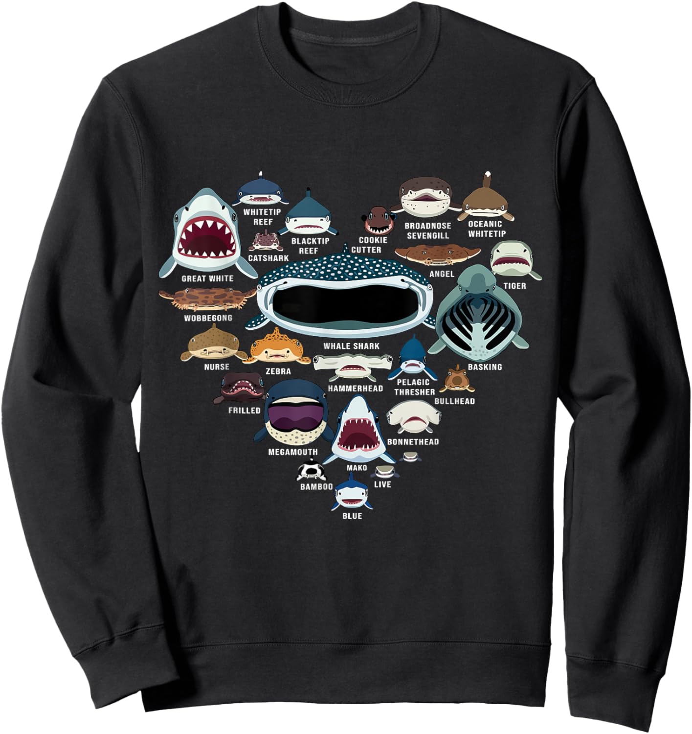 Types Of Sharks Marine Biology - All Shark Faces Heart Sweatshirt - Sweatshirt | Black