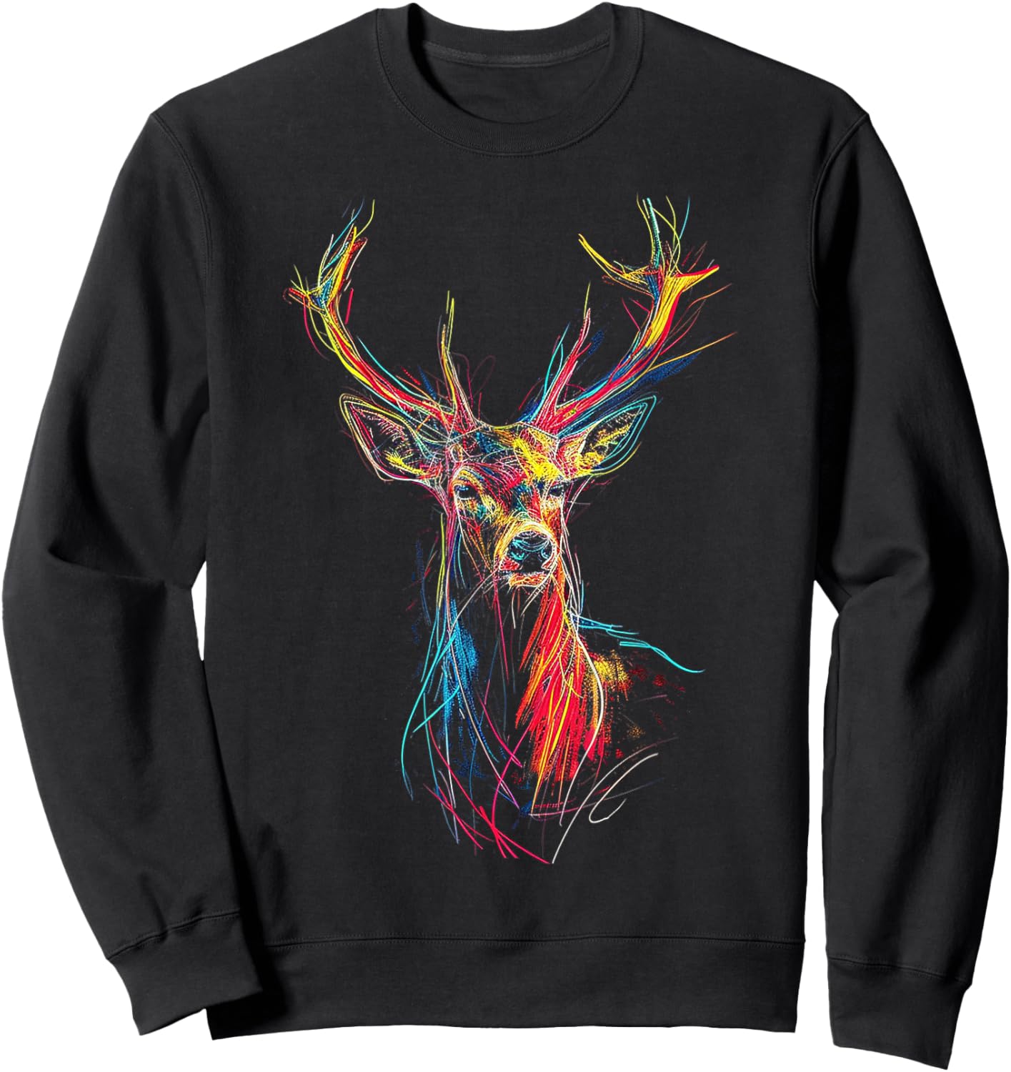 Deer Drawing Animal Colorful Fantasy Art Graphic Deer Sweatshirt - Sweatshirt | Black