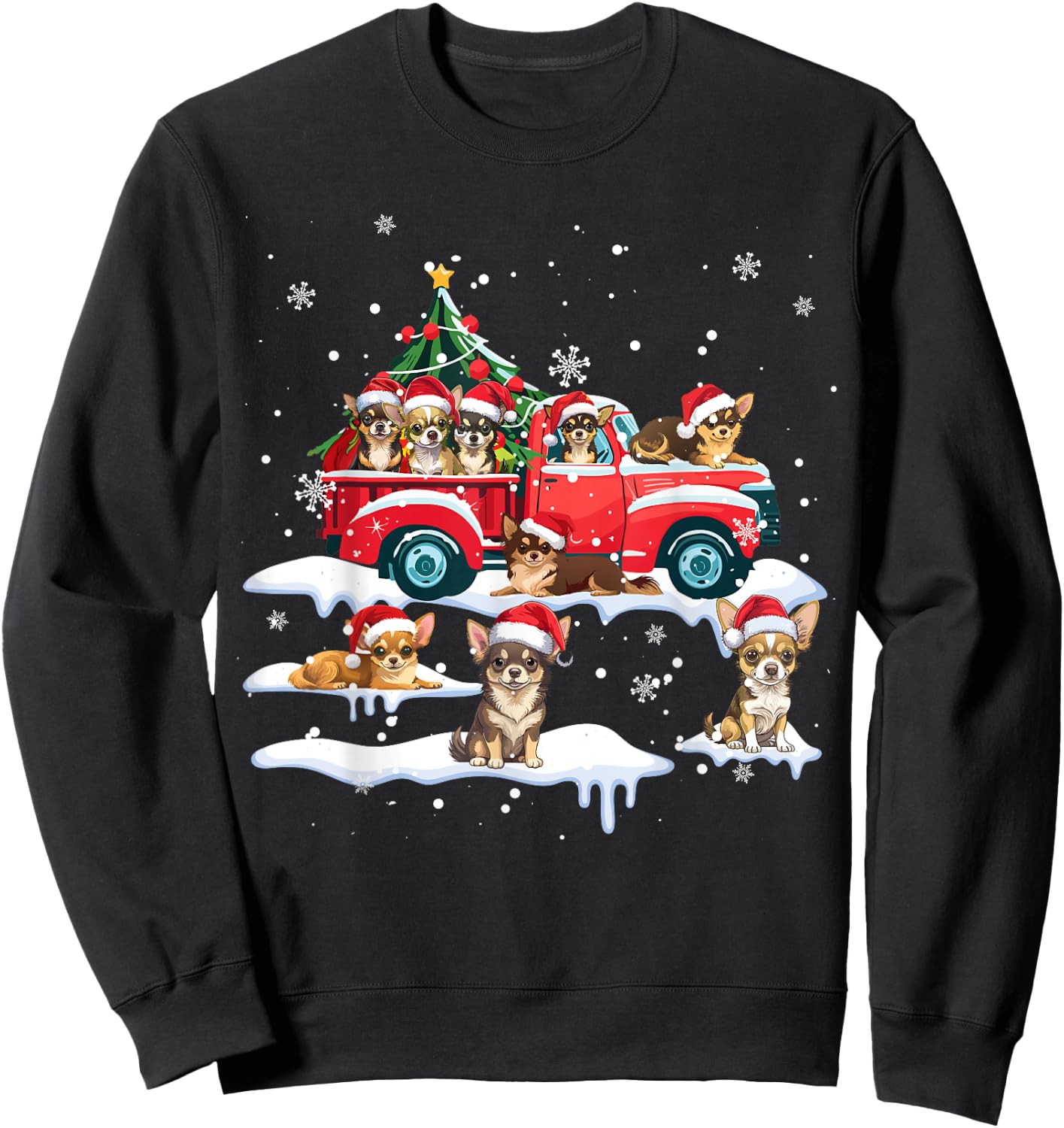 Chihuahua Dog Riding Red Truck Ugly Sweater Merry Christmas Sweatshirt - Sweatshirt | Black