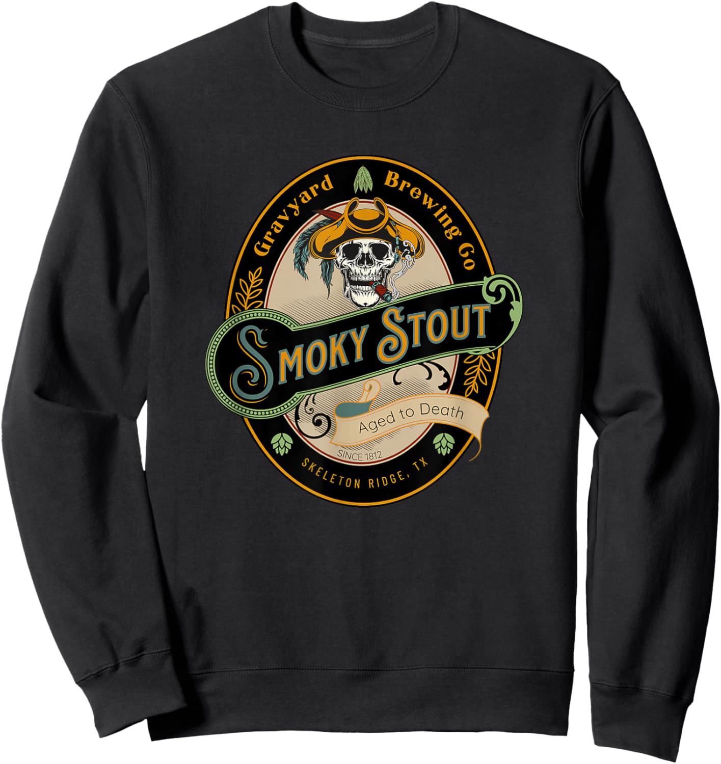Graveyard Brewery Craft Beer Label, Skeleton with Cigar Sweatshirt - Sweatshirt | Black
