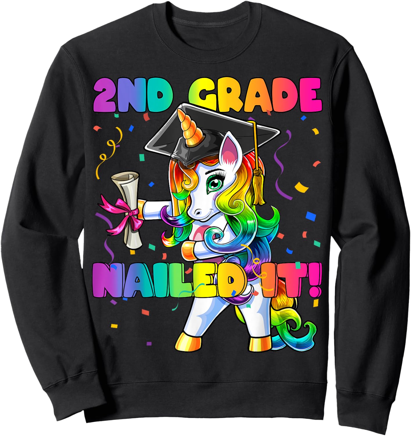 Flossing Unicorn 2nd Grade Graduation Cap Diploma Gift Girls Sweatshirt - Sweatshirt | Black