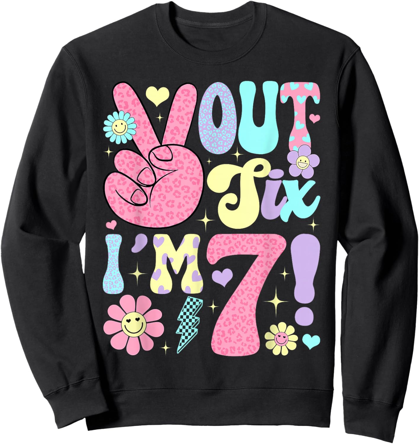 Groovy Peace Out Six I'm 7 Years Old 7th Birthday Girls Kids Sweatshirt - Sweatshirt | Black