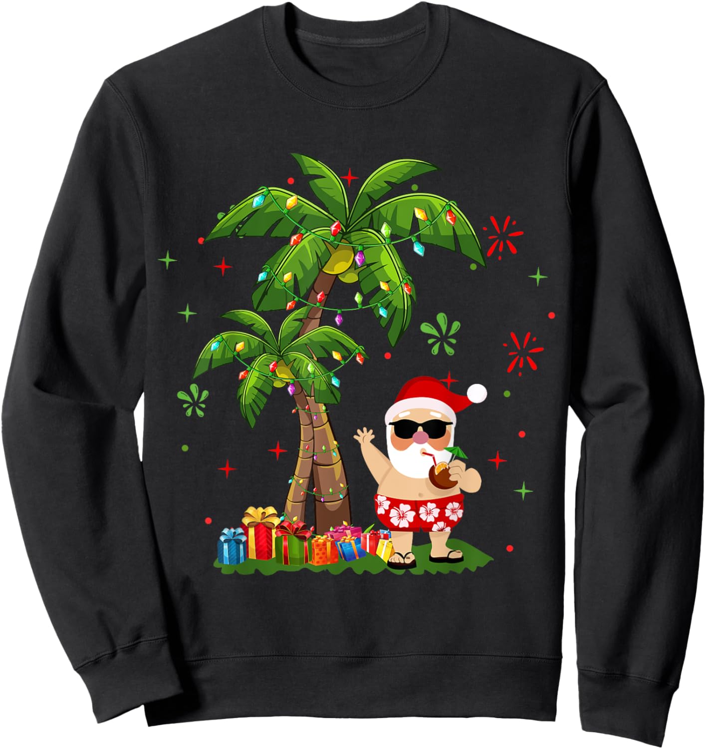 Santa Hawaiian Christmas Palm Tree Lights Xmas Sweatshirt - Sweatshirt | Black