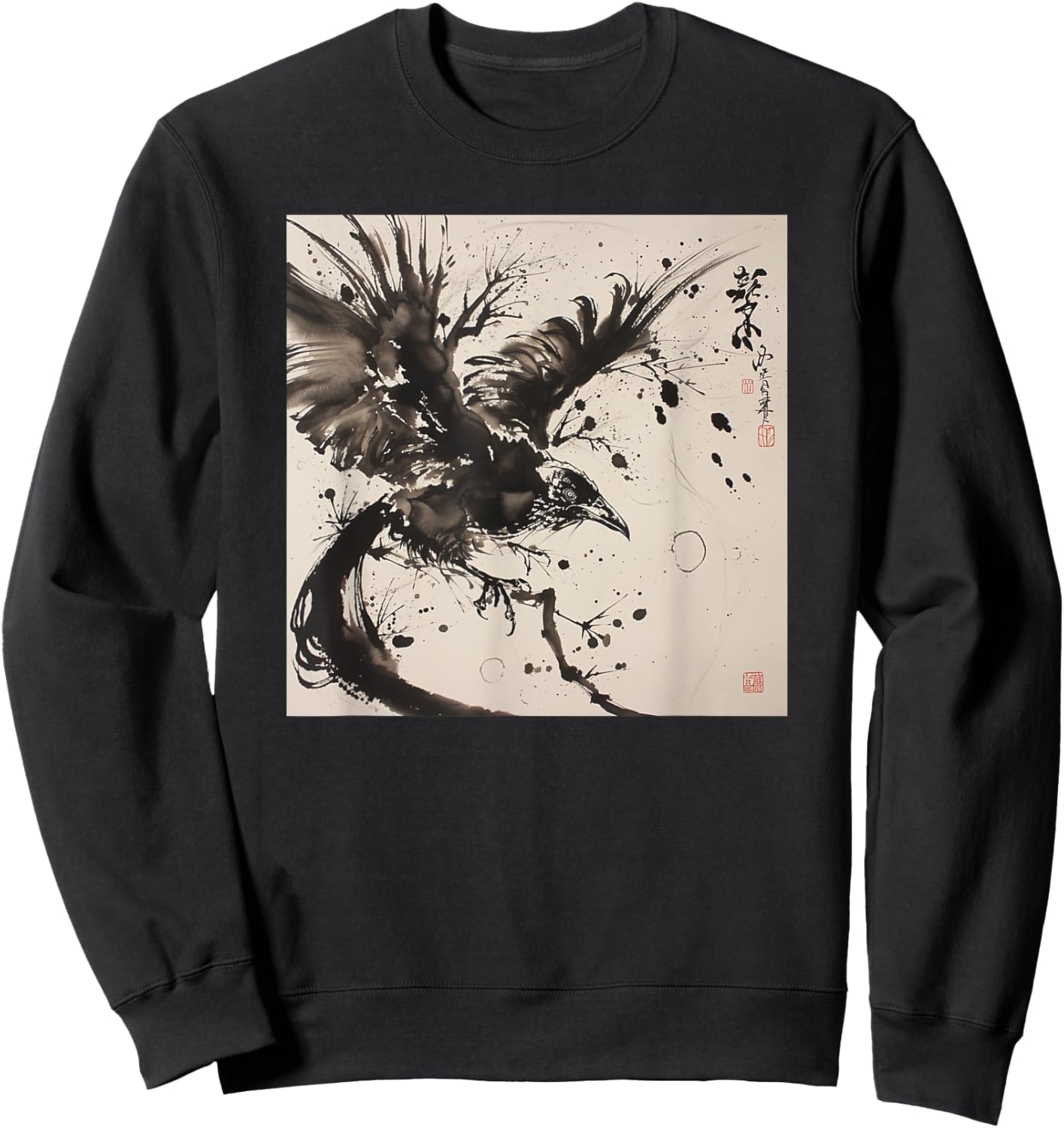 Japanese Ink Art Crow- Raven Ink Art Graphic Sweatshirt - Sweatshirt | Black