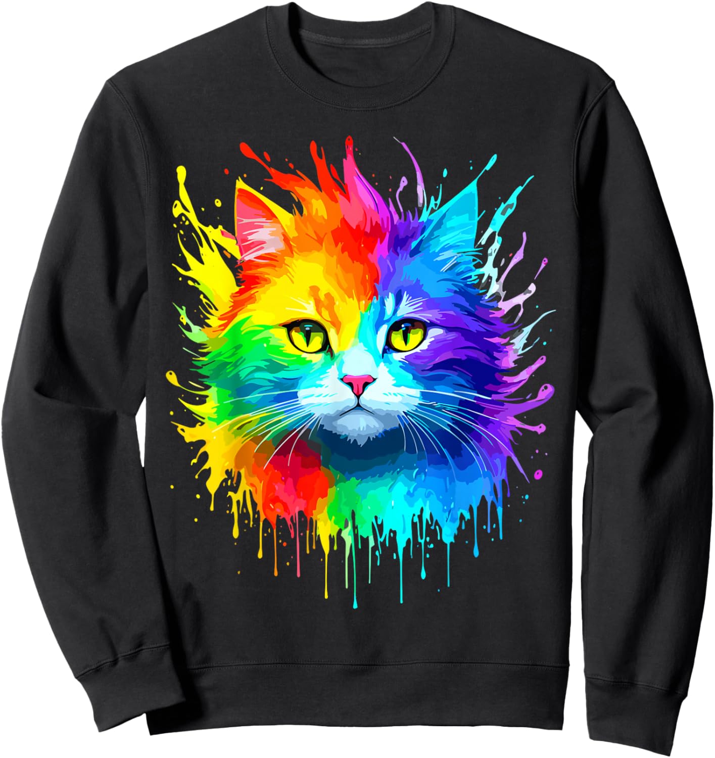 Rainbow Cat Women Girls Kitty Watercolor Cute Colorful Cat Sweatshirt - Sweatshirt | Black