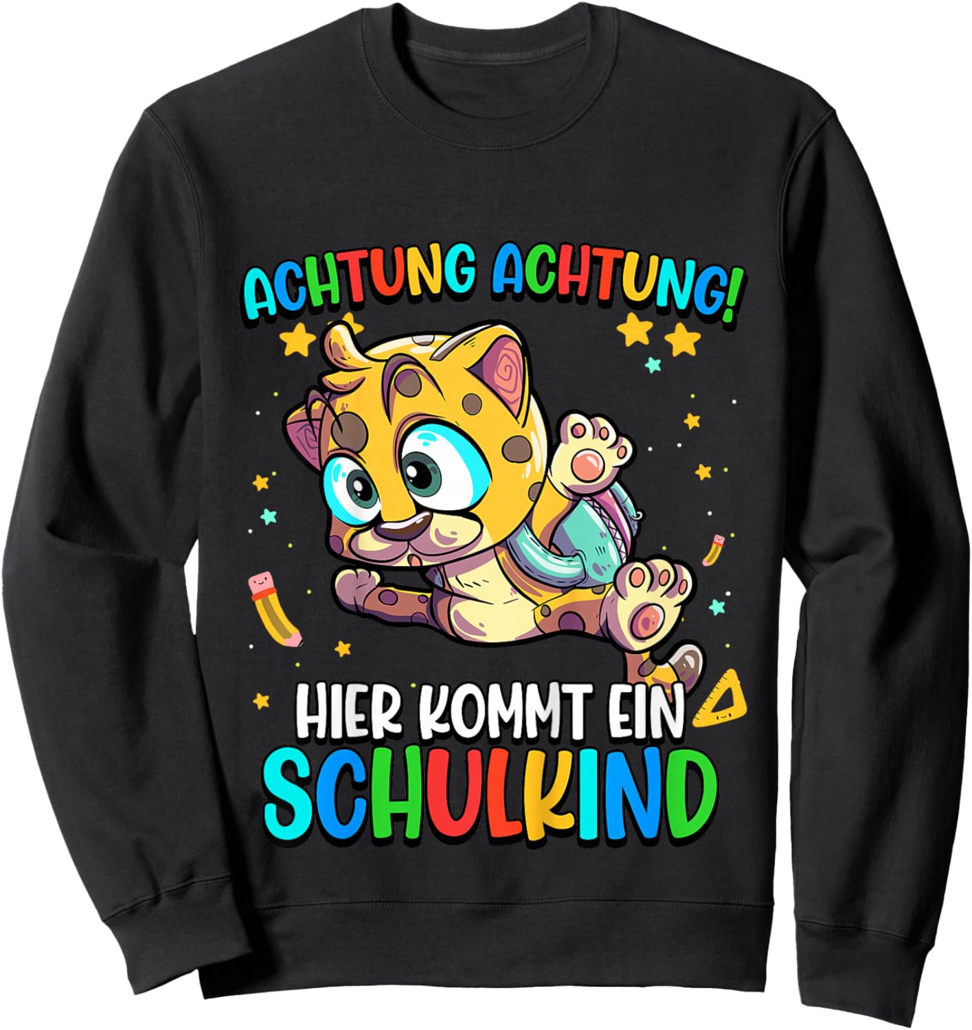Kinder Leopard Achtung Hier Kommt Ein Schulkind Einschulung Sweatshirt - Sweatshirt | Black