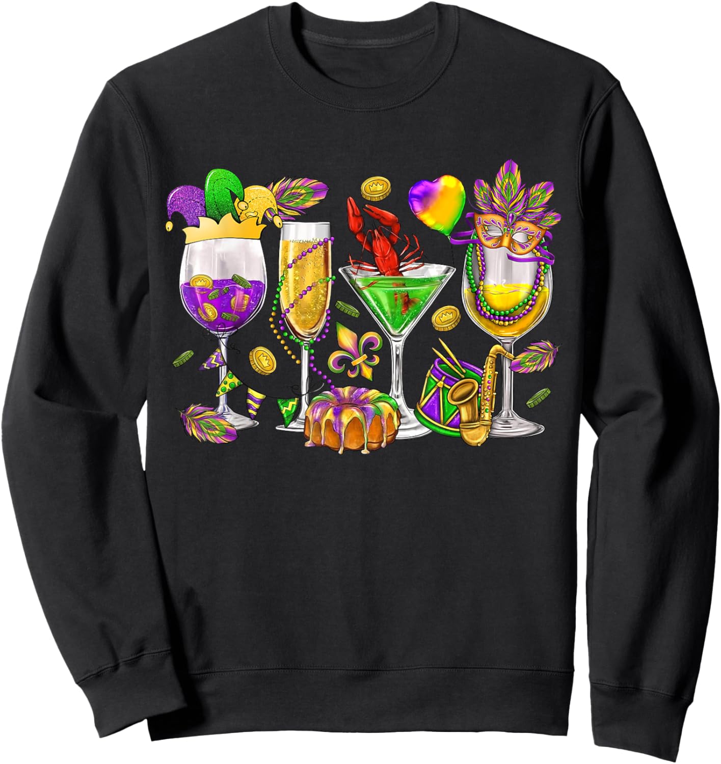 Mardi Gras Glass Of Wine Funny Drinking Wine Festival Parade Sweatshirt - Sweatshirt | Black
