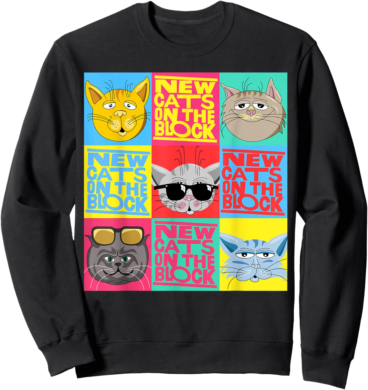 YO MINUS Women's New Cats On The Block Funny Pop Culture Cat Themed Party - Black, Small Sweatshirt - Sweatshirt | Black