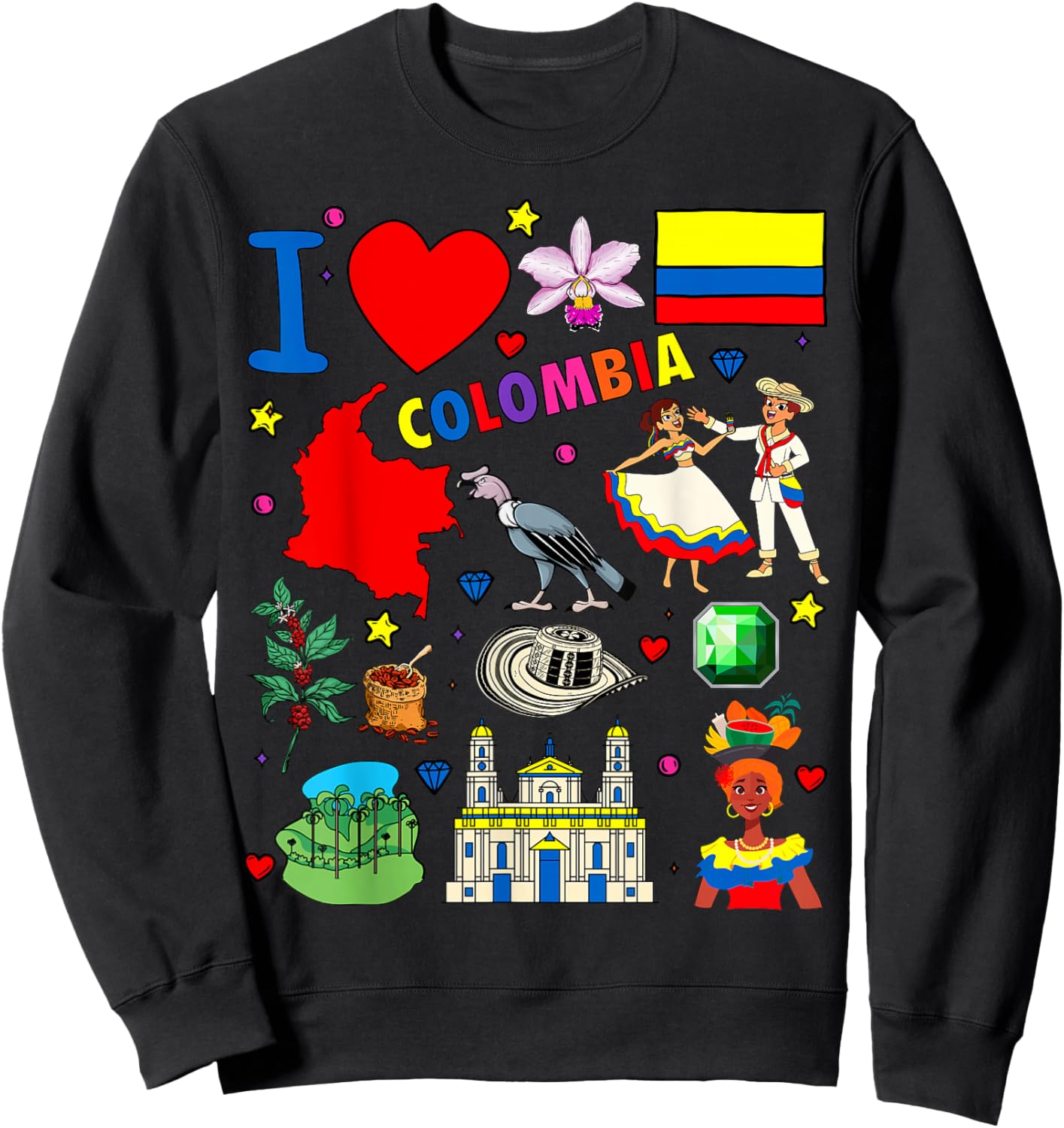 I Love Colombia Hand Drawn Colombian Landmarks, Flag and map Sweatshirt - Sweatshirt | Black