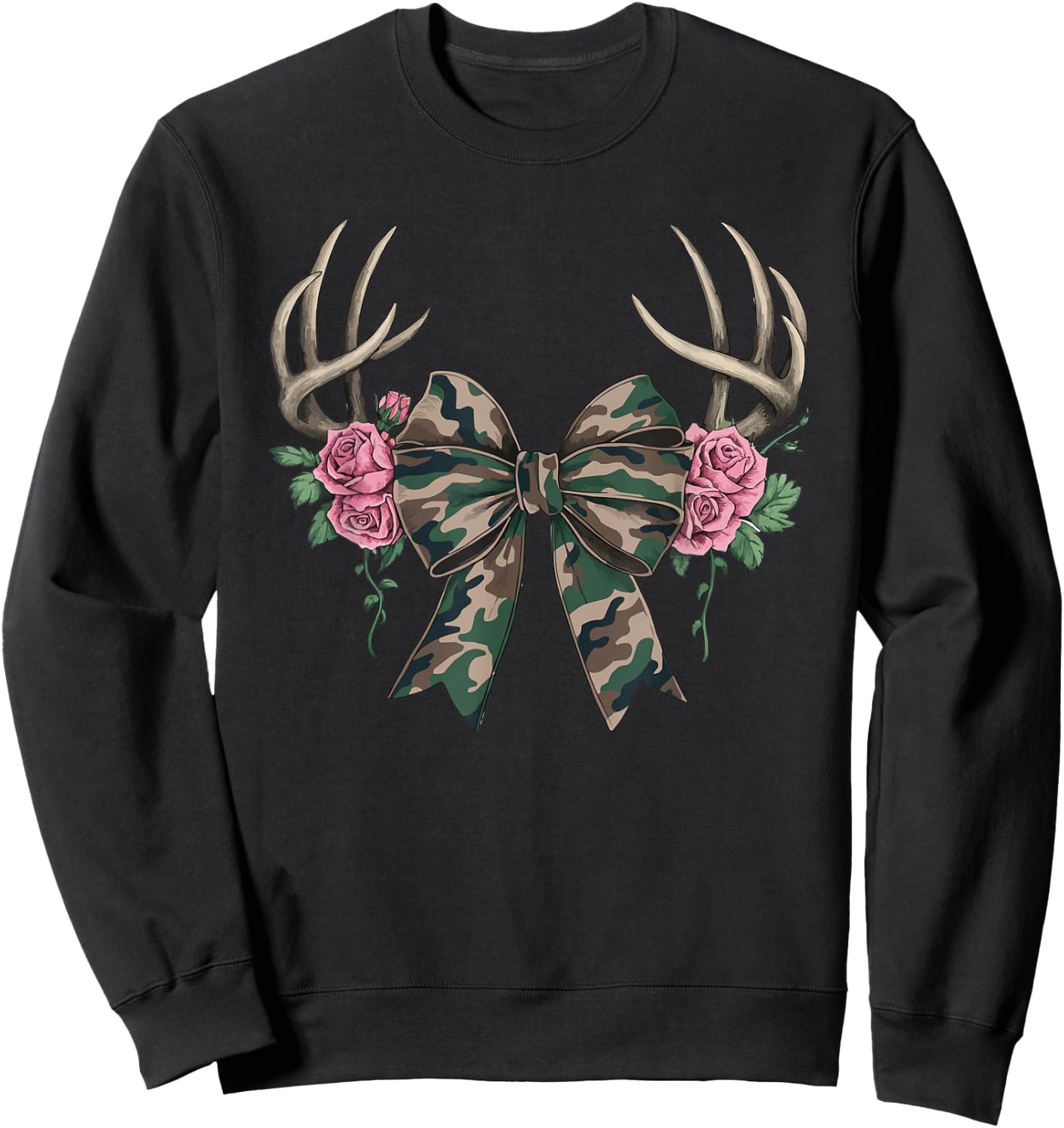 Coquette Camo Bow Camouflage Antlers Hunting Duck Women Girl Sweatshirt - Sweatshirt | Black