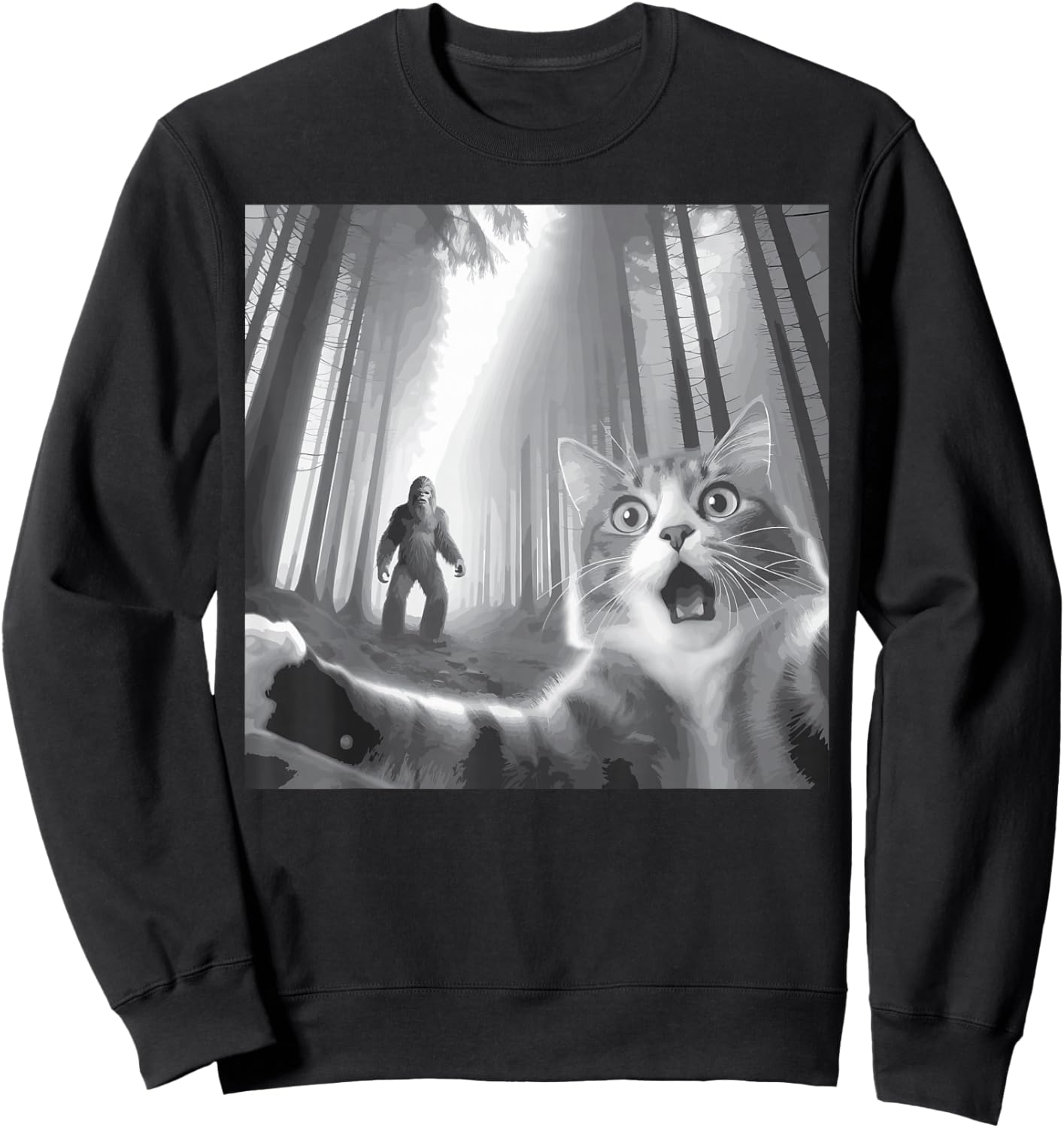 Funny Surprised Scared Cat Selfie With Sasquatsch Bigfoot Sweatshirt - Sweatshirt | Black