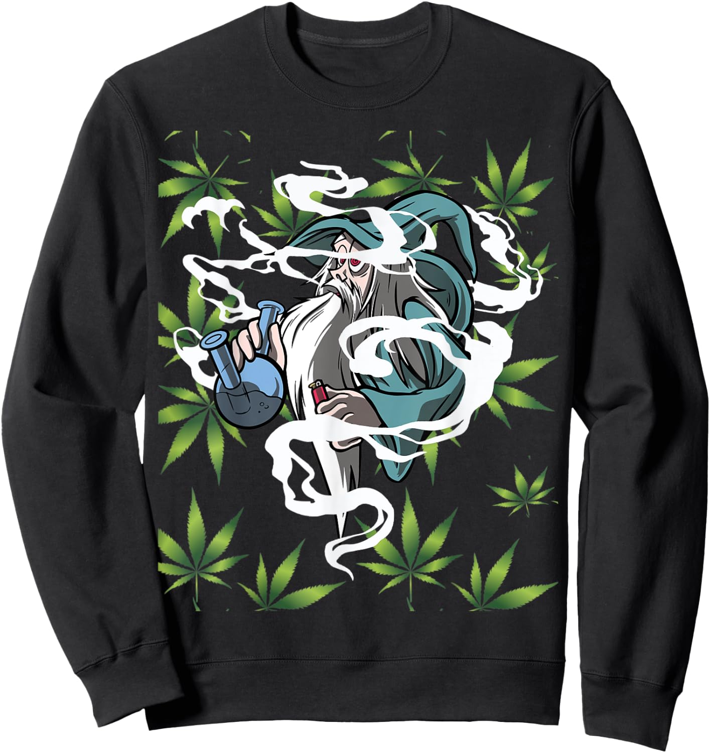 Marijuana Bong with Weed Leaf Design Wizard Smoking Sweatshirt - Sweatshirt | Black
