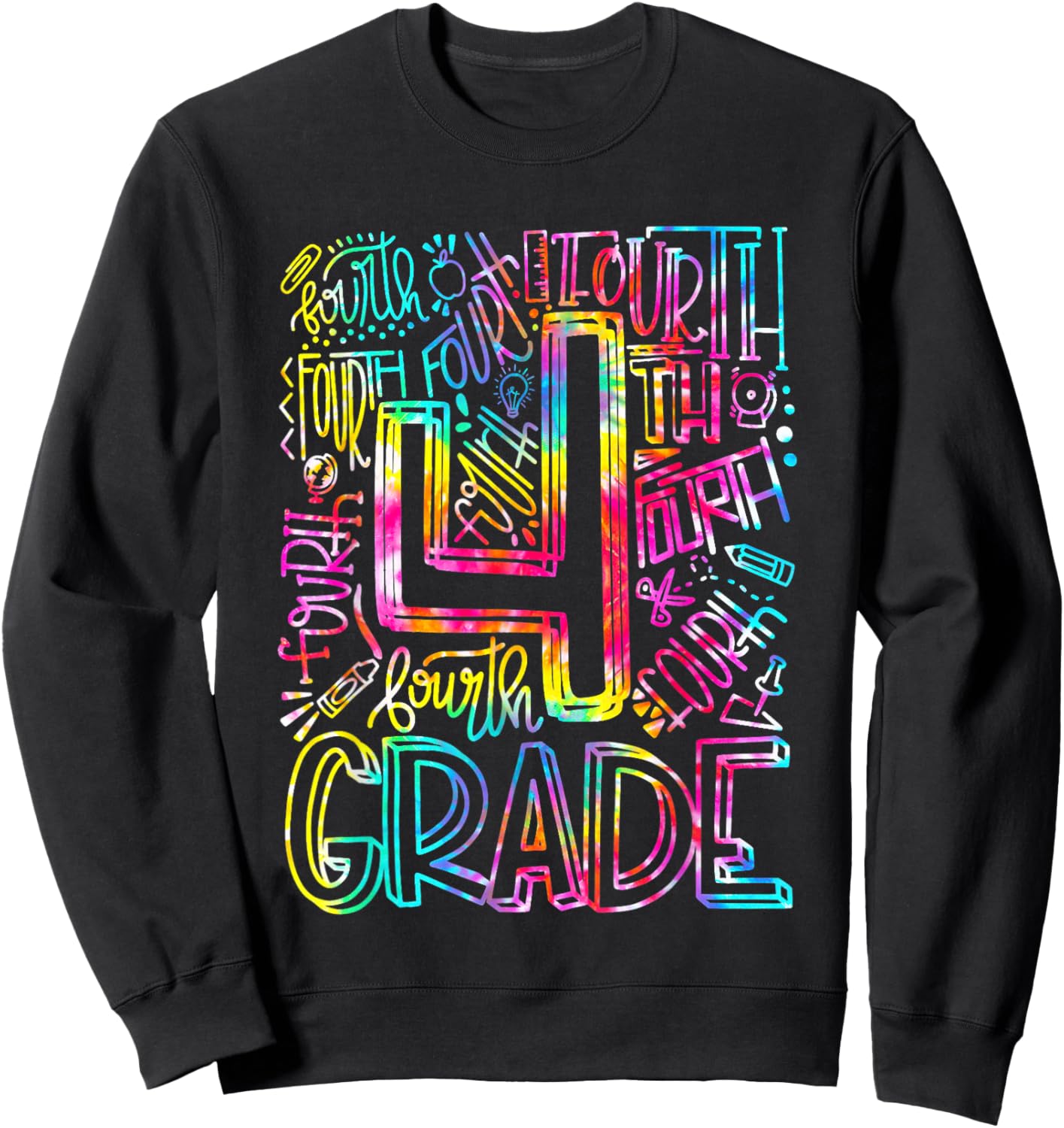 Tie Dye 4th Grade Typography Team Fourth Grade Teacher Gift Men Women Kids Sweatshirt - Sweatshirt | Black