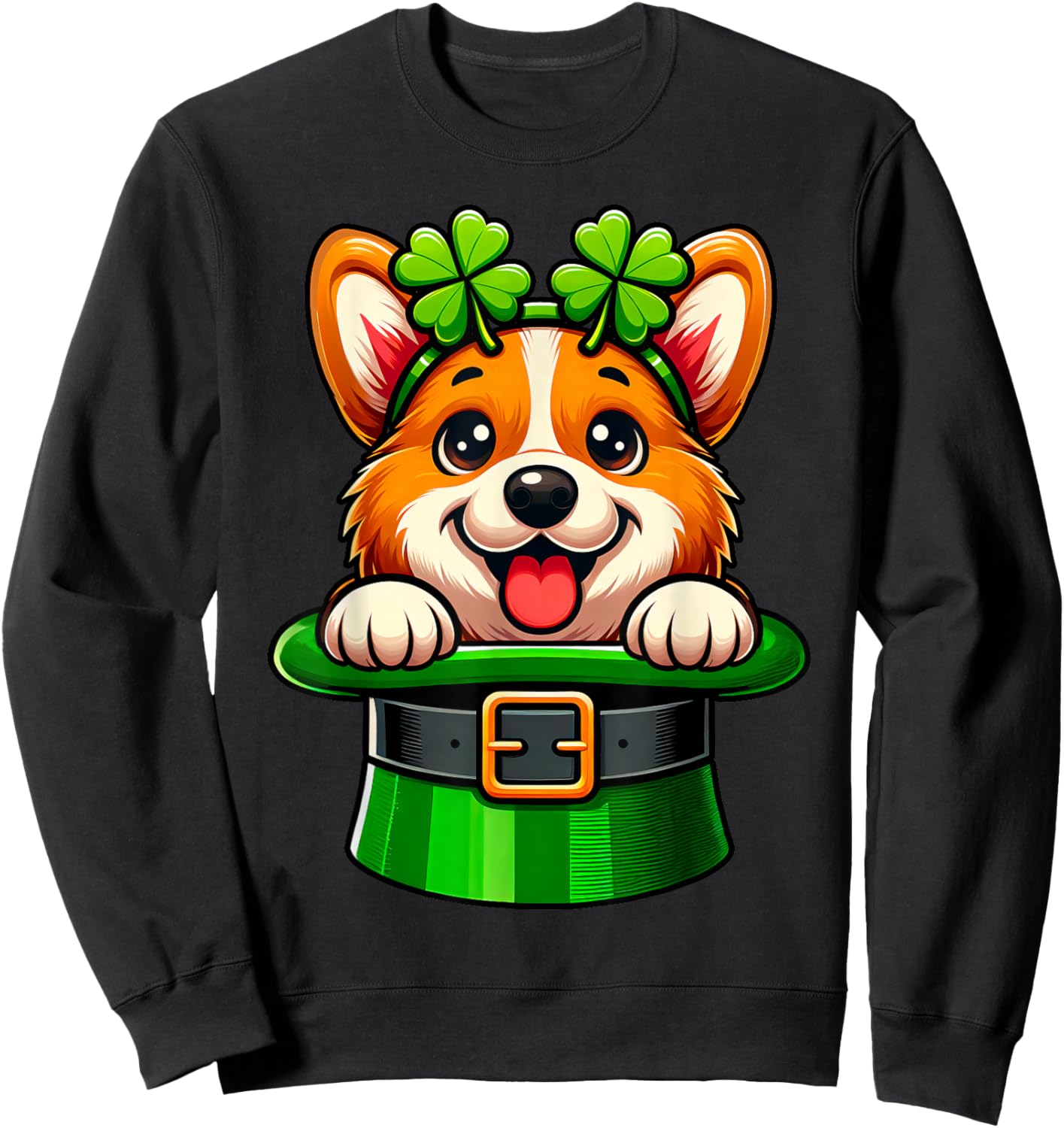Corgi St Patricks Day Leprechaun Shamrock Irish Corgi Lover Sweatshirt - Sweatshirt | Black