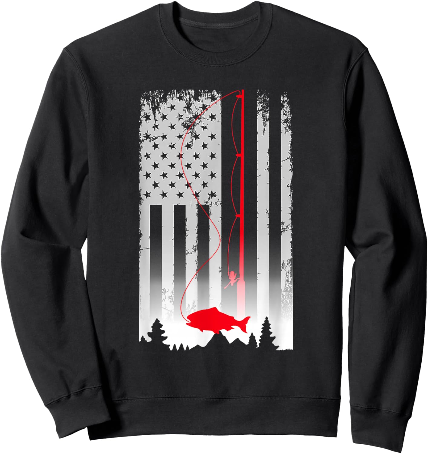 Fishing Pole American Flag Vintage Patriotic Fisherman Sweatshirt - Sweatshirt | Black
