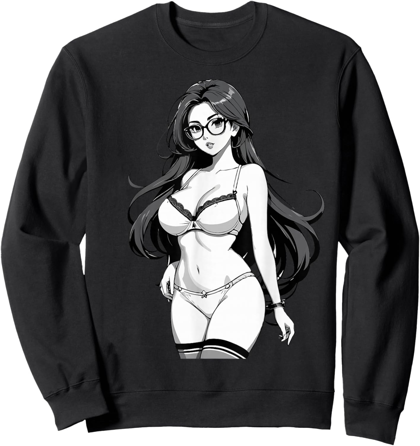 Sexy Waifu Otaku Anime Girl Japanese in Black and White Art Sweatshirt - Sweatshirt | Black