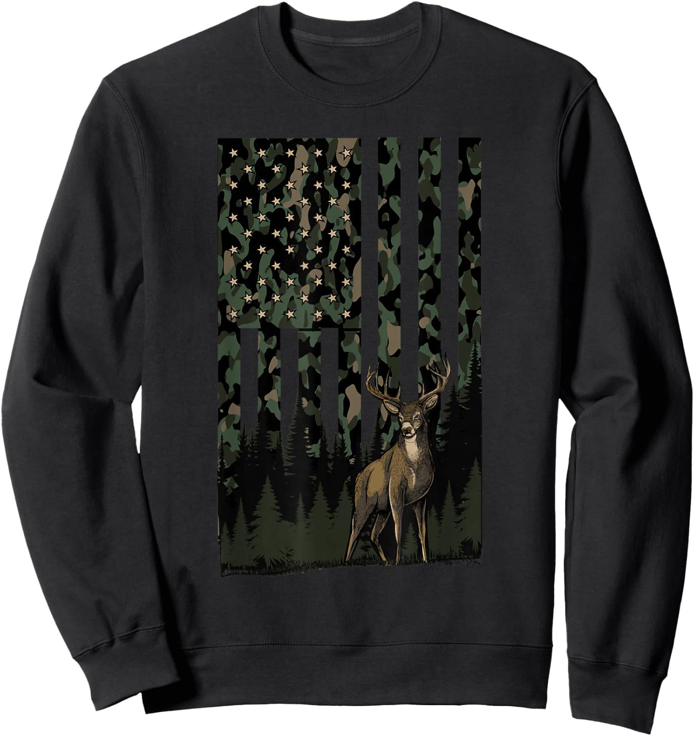 Camo Deer American Flag Graphic Hunting Gifts Men Dad Boys Sweatshirt - Sweatshirt | Black