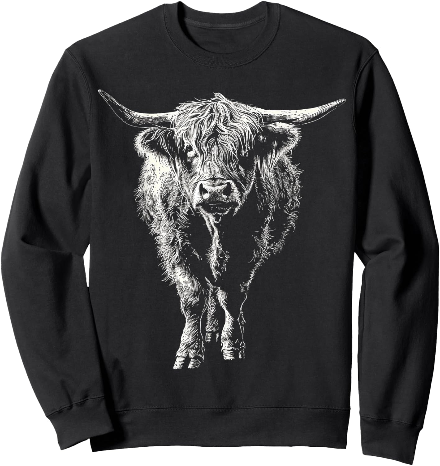 Highland Cow Drawing Art Farm Animal Graphic Highland Cow Sweatshirt - Sweatshirt | Black
