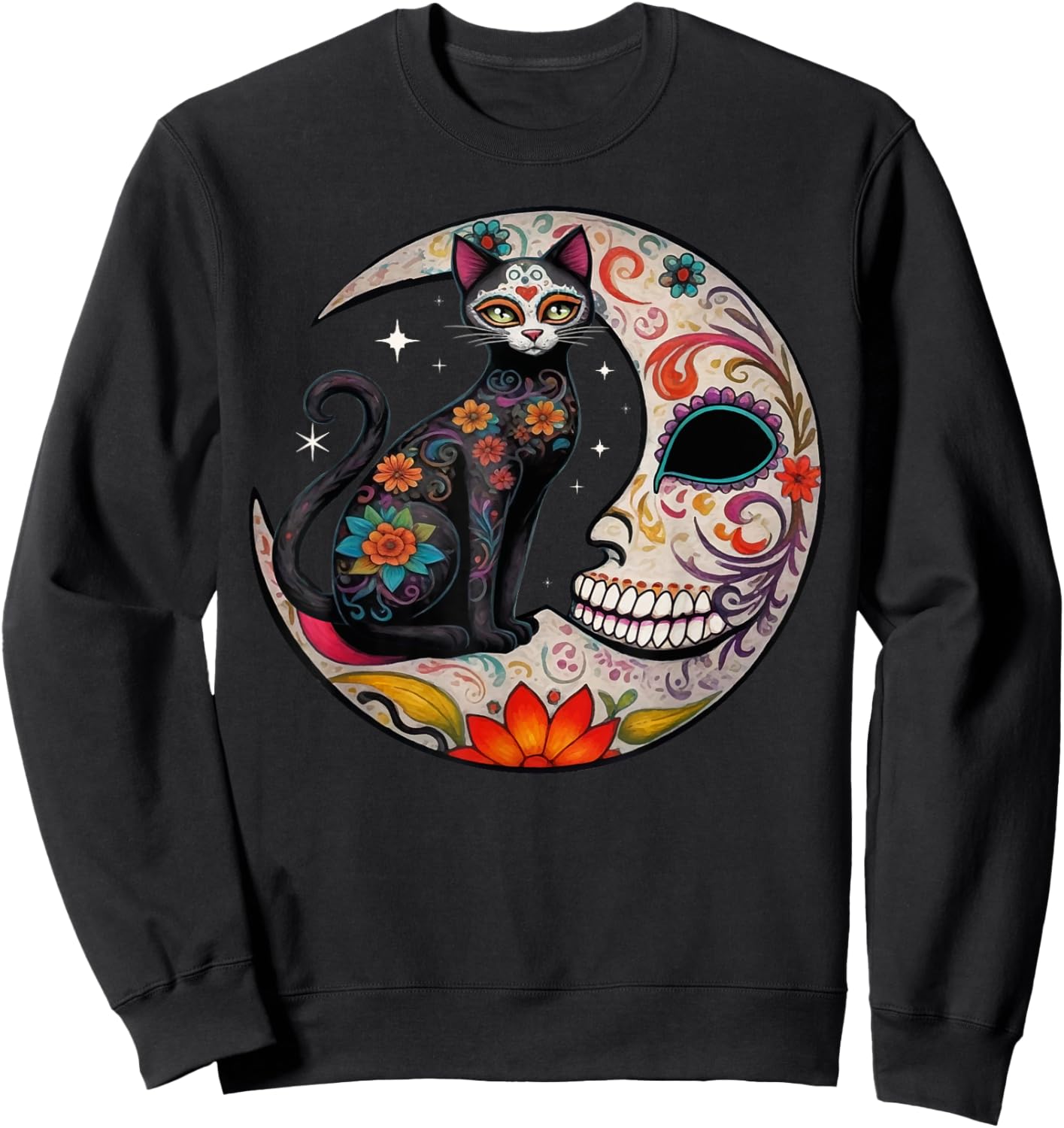Sugar Skull Cat Moon De Los Muertos Day of Dead Halloween Women Sweatshirt - Sweatshirt | Black