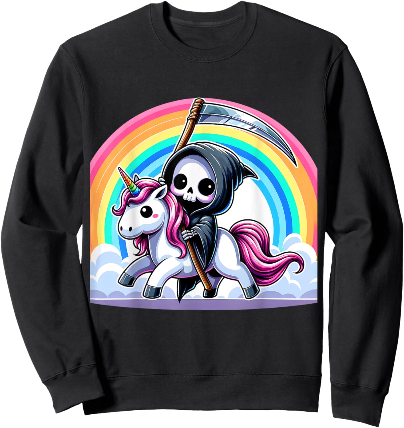 Grim Reaper Riding Unicorn Funny Rainbow Heavy Metal Sweatshirt - Sweatshirt | Black
